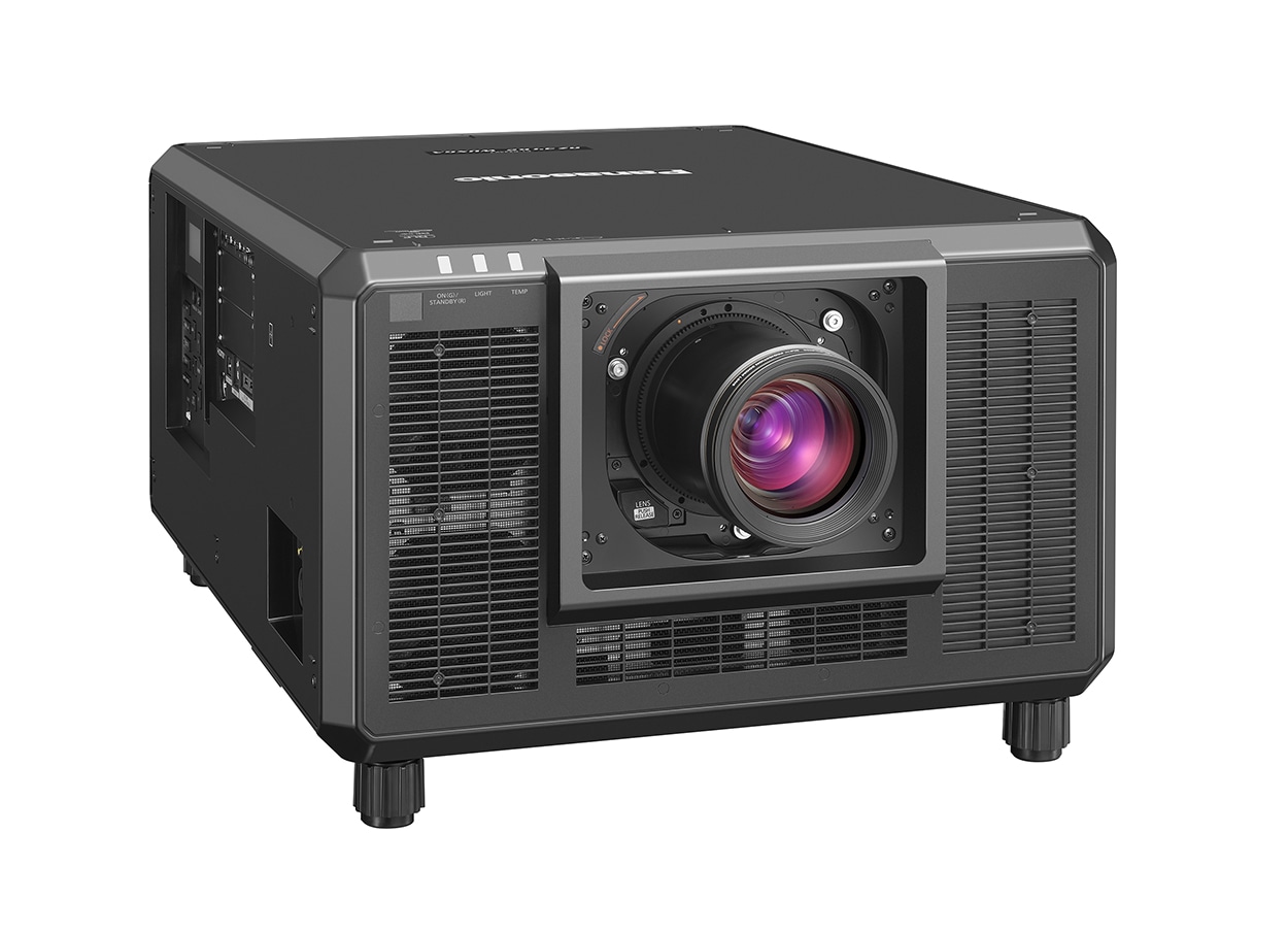 Panasonic PT-RZ34K2 black three-chip DLP projector with a lens fitted, front three-quarter view from the right