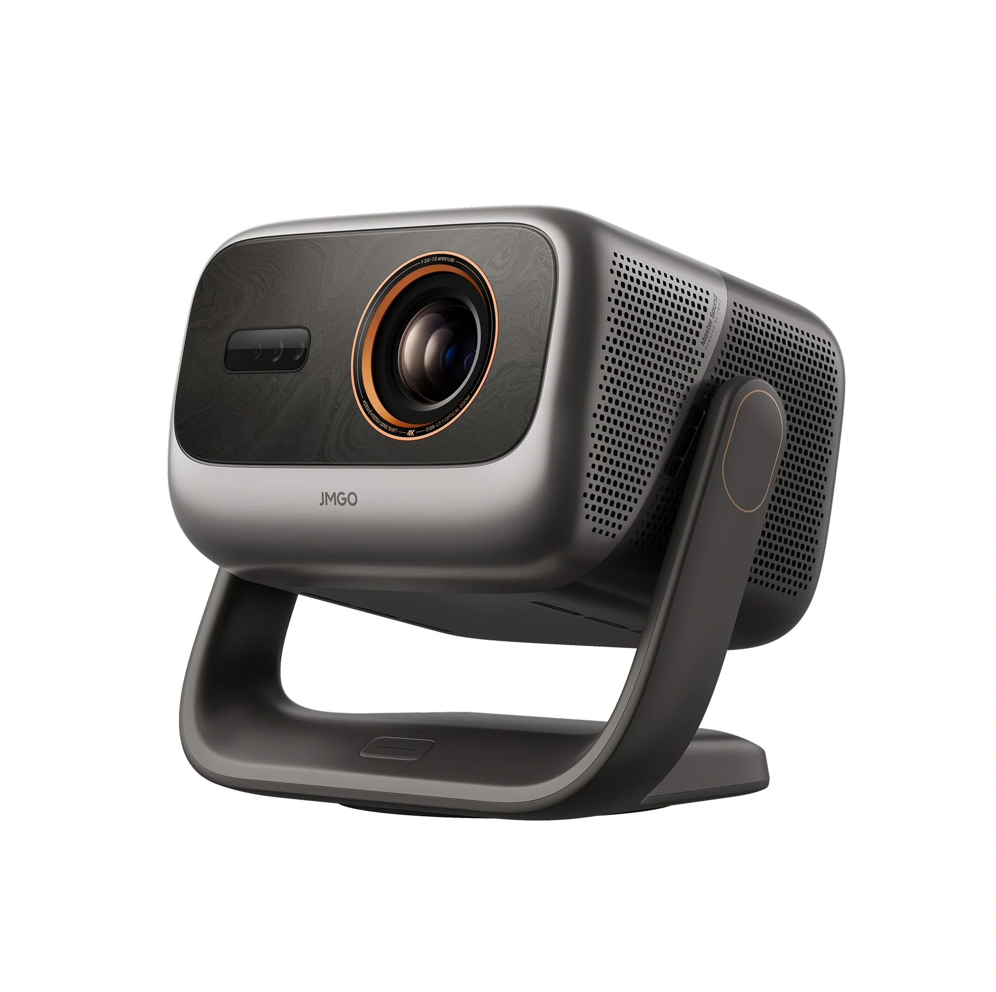 JMGO IRIS Ultra Max front three-quarter view on its gimbal stand, dark grey body with orange-ringed lens