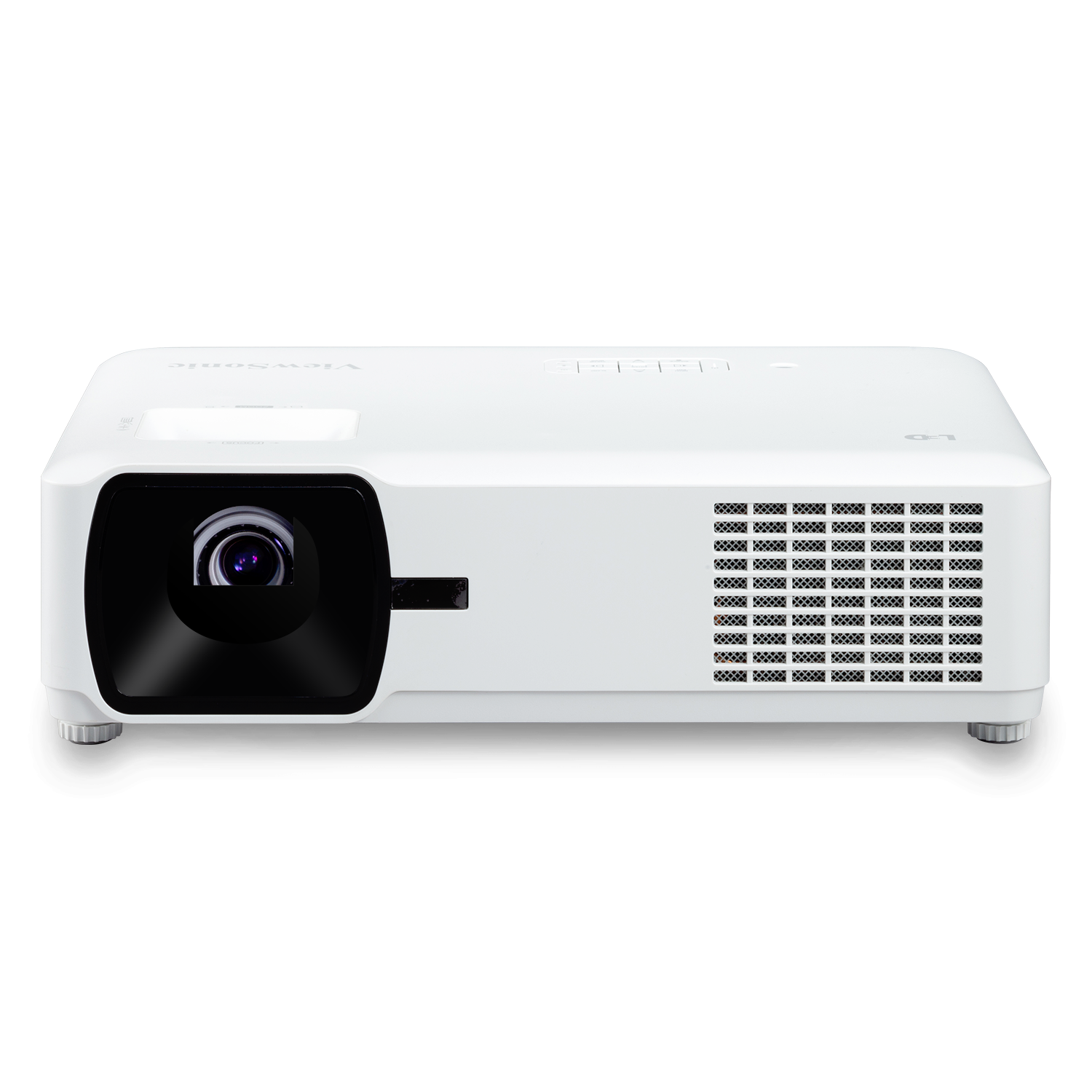 ViewSonic LS600W white projector, front three-quarter view showing the lens, vent grille and top control panel