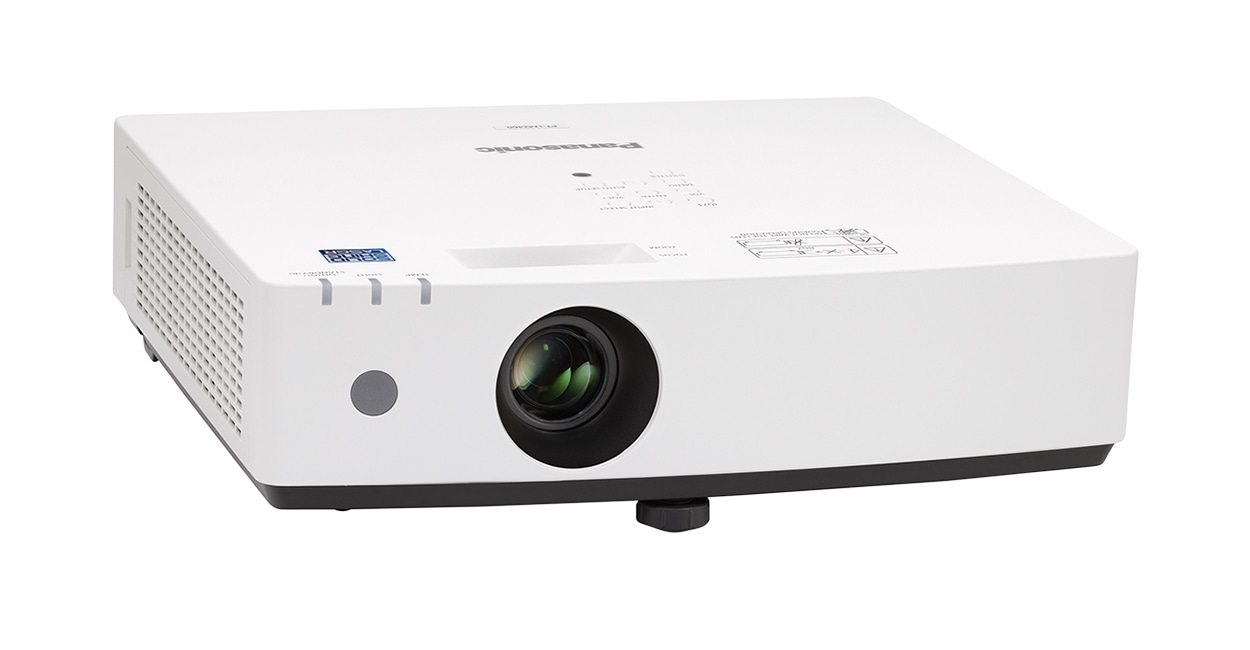Panasonic PT-LMZ460 series projector, white body, front three-quarter view from the left