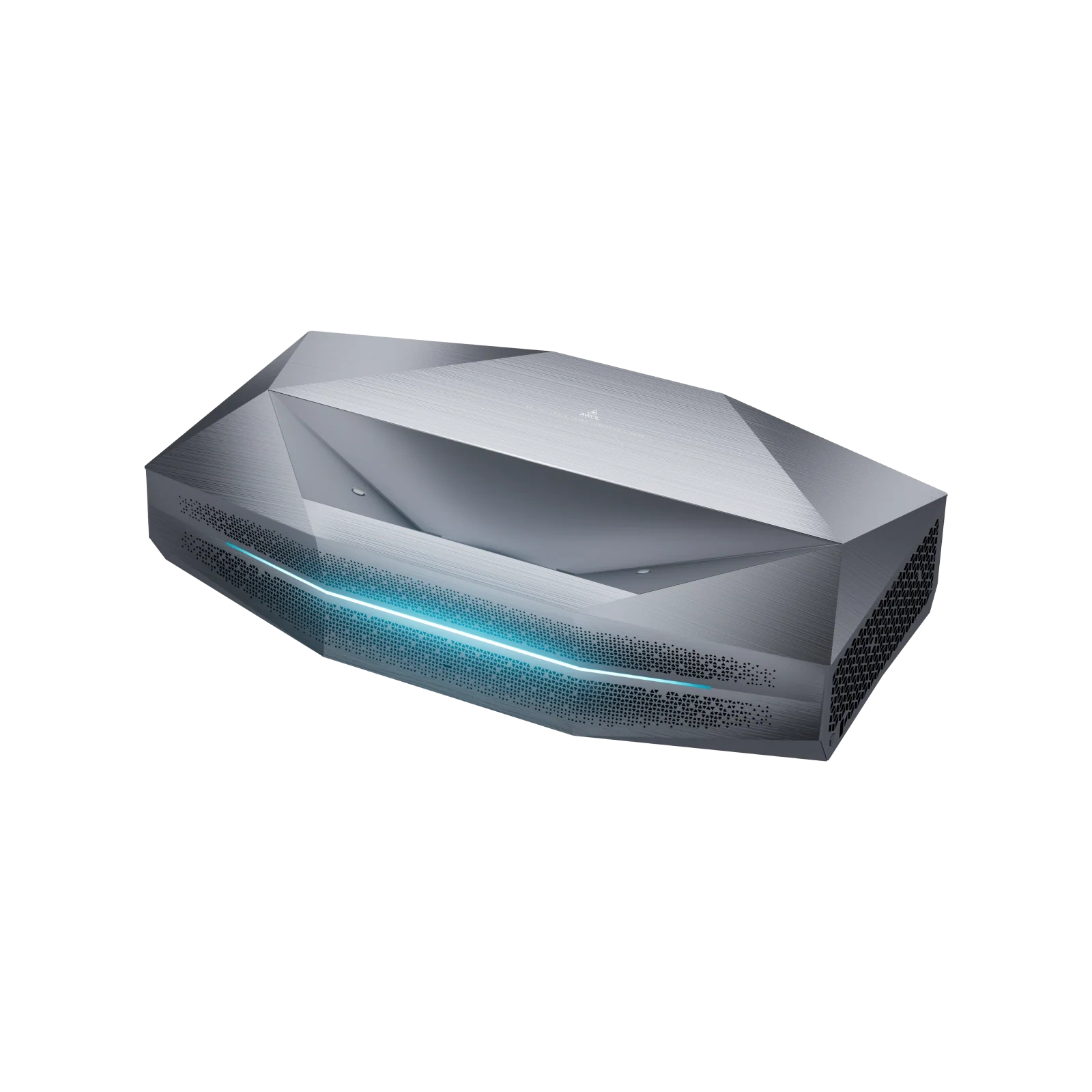 AWOL Vision Aetherion Max ultra short throw projector, front three-quarter view in silver with a blue light strip along the front