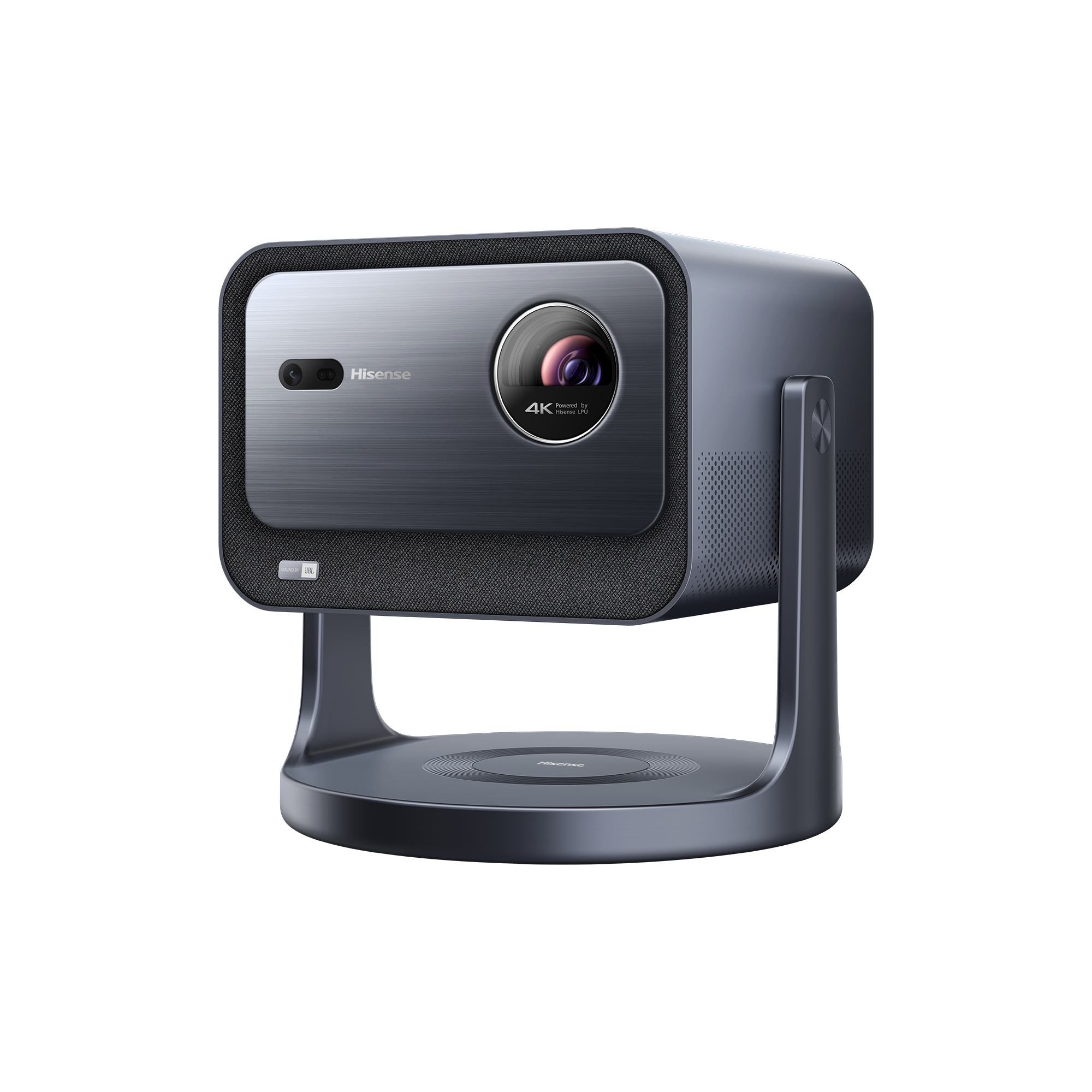 Hisense C2 mini projector on its gimbal stand, front three-quarter view showing the lens and grey fabric speaker panel