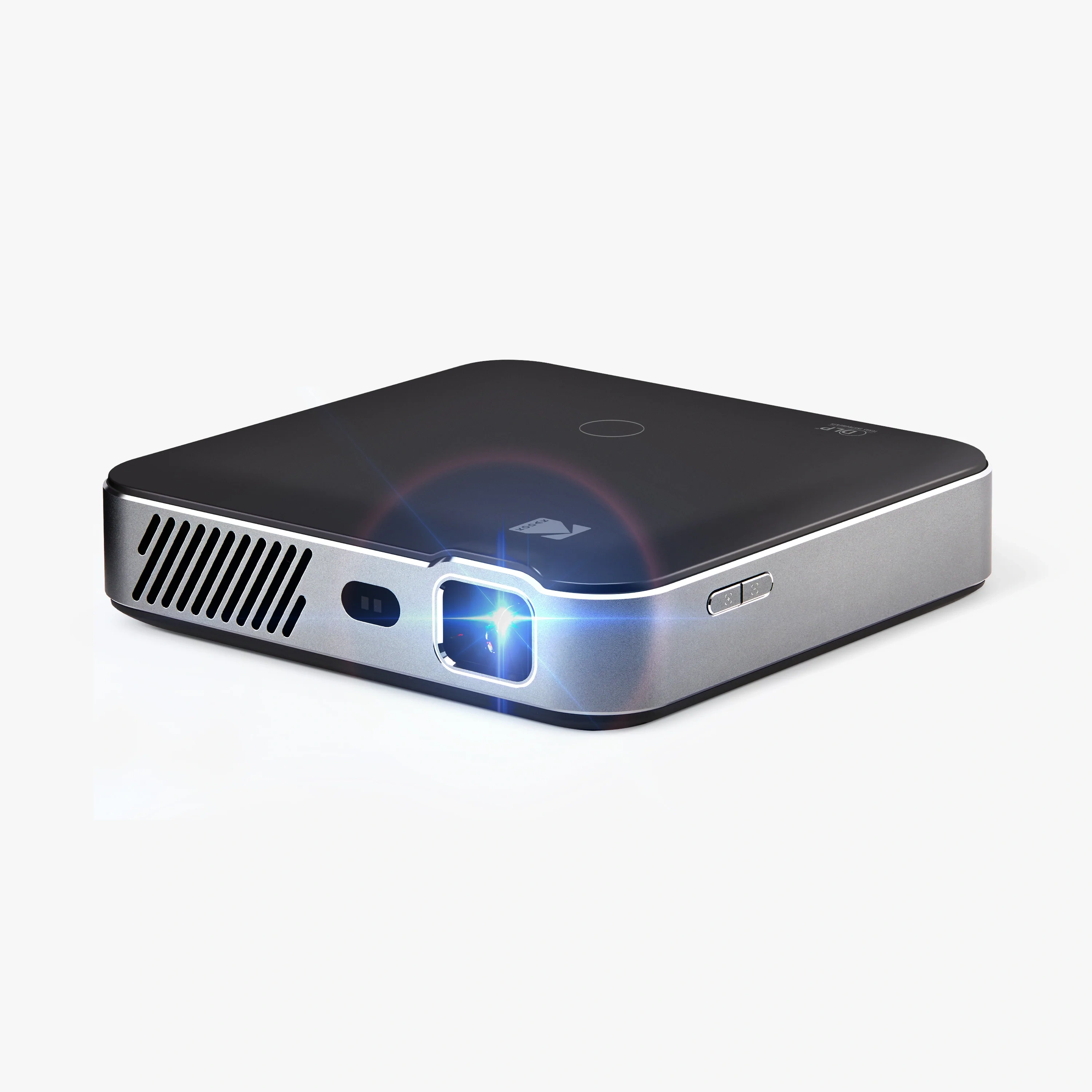 KODAK Luma 500 pico projector in black with silver trim, front three-quarter view with the lens lit