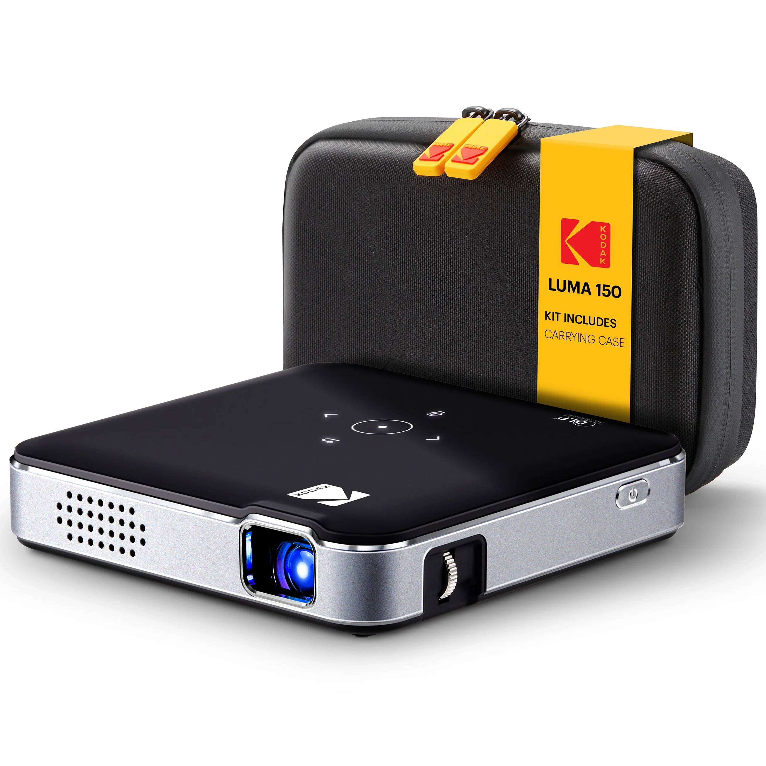 Kodak Luma 150 black and silver pocket projector in front three-quarter view with its black protective carrying case and yellow Kodak band behind it, on white