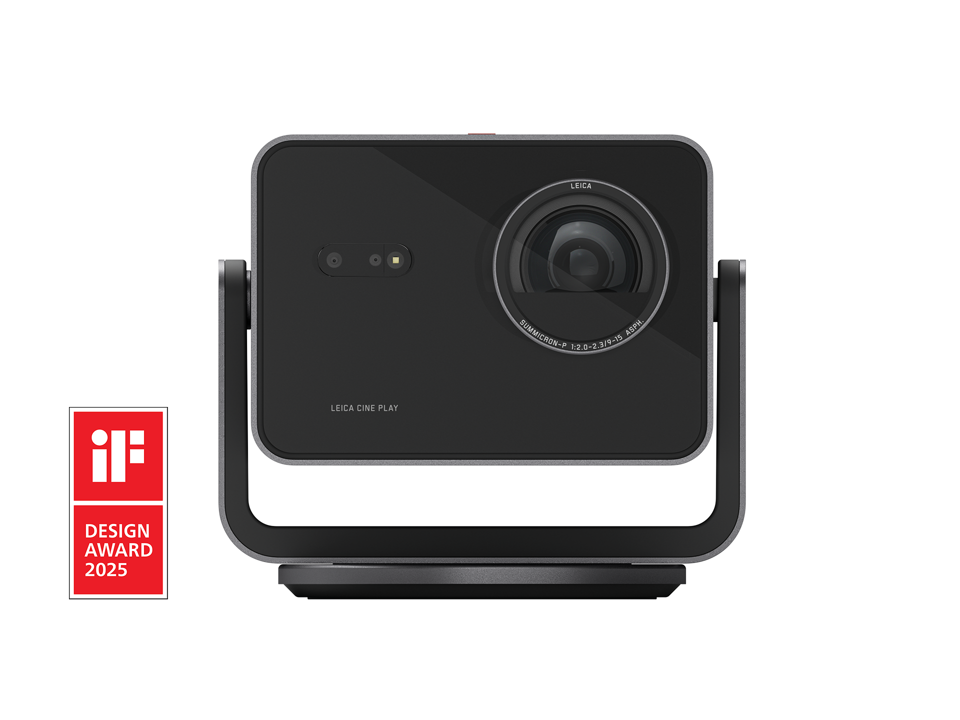 Leica Cine Play 1 front packshot on its yoke stand on a transparent background, with an iF Design Award 2025 badge