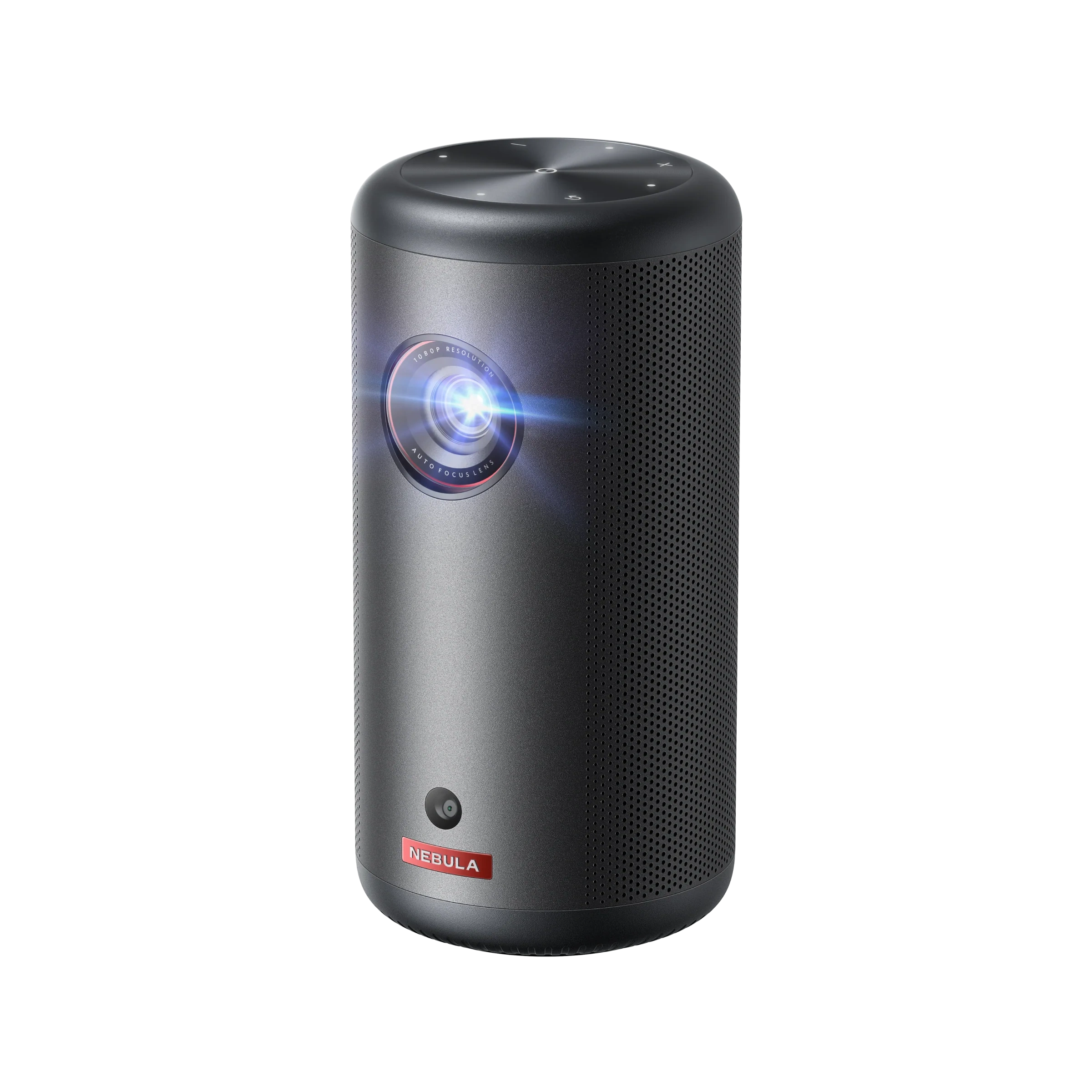 Nebula Capsule 3 front three-quarter view, dark grey cylinder with the lens glowing blue and the Nebula badge at the base