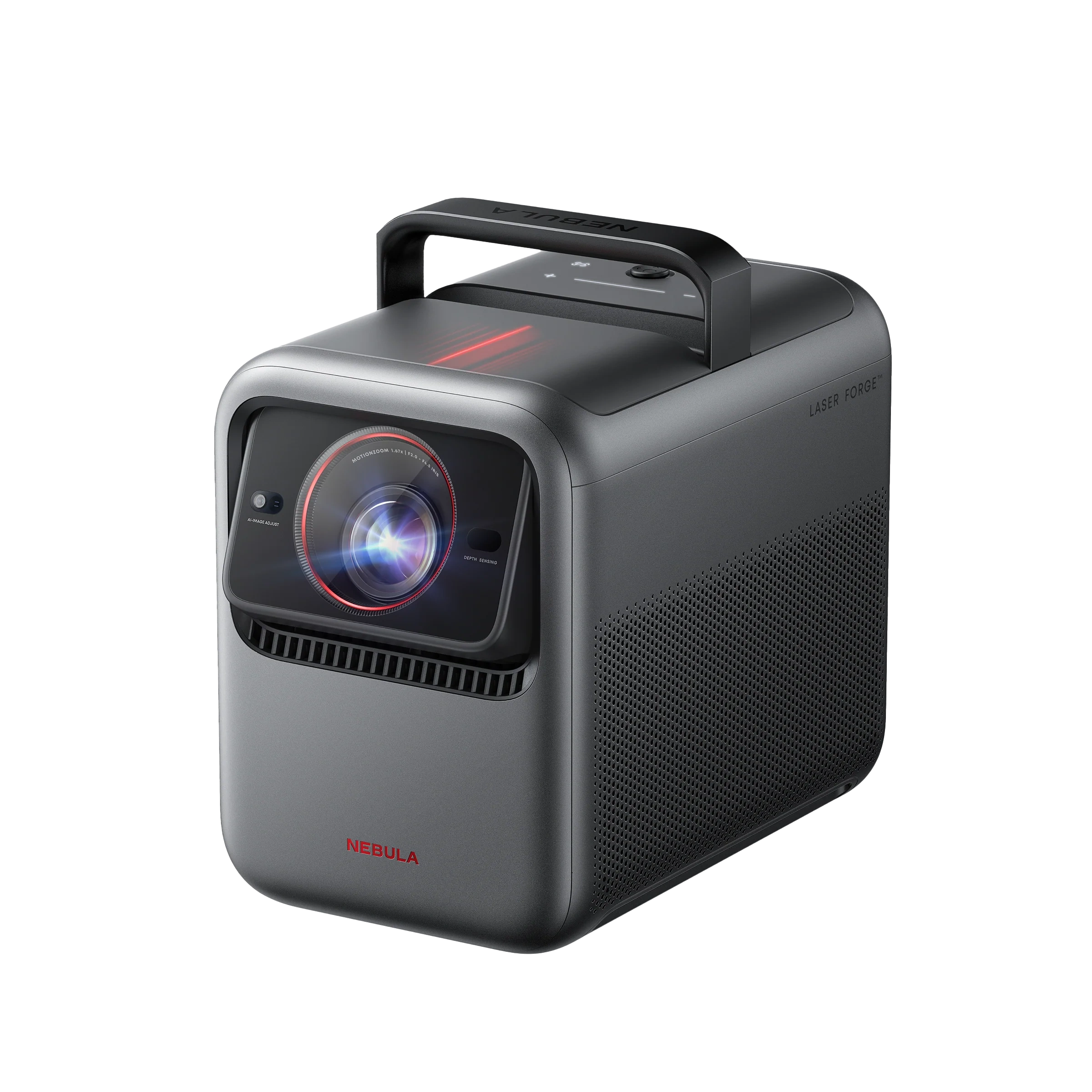 Nebula X1 front three-quarter view: dark grey body with a raised carry handle on top, square lens window with a red ring around the lens and sensors either side, vent slot below and a NEBULA badge on the front face