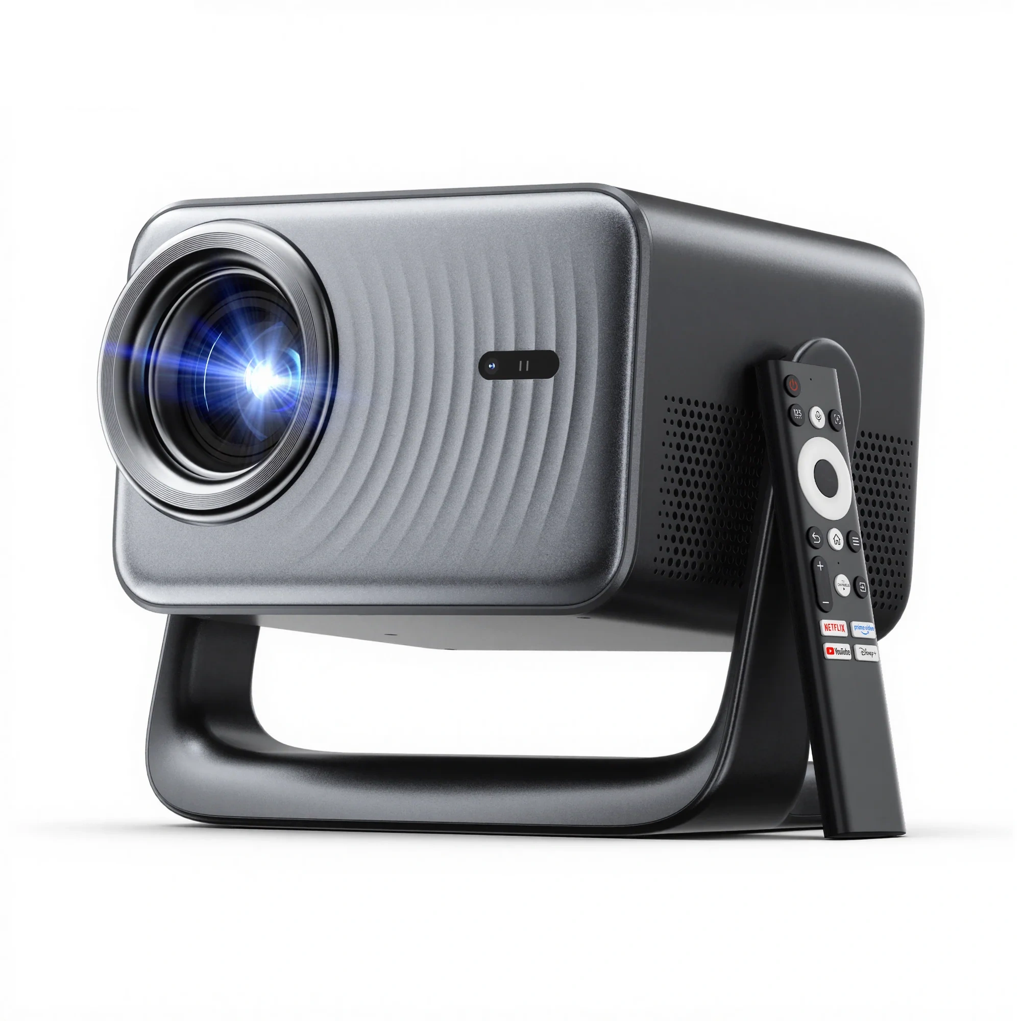 Gray Dangbei N3 Max projector on its built-in gimbal stand with a black remote beside it