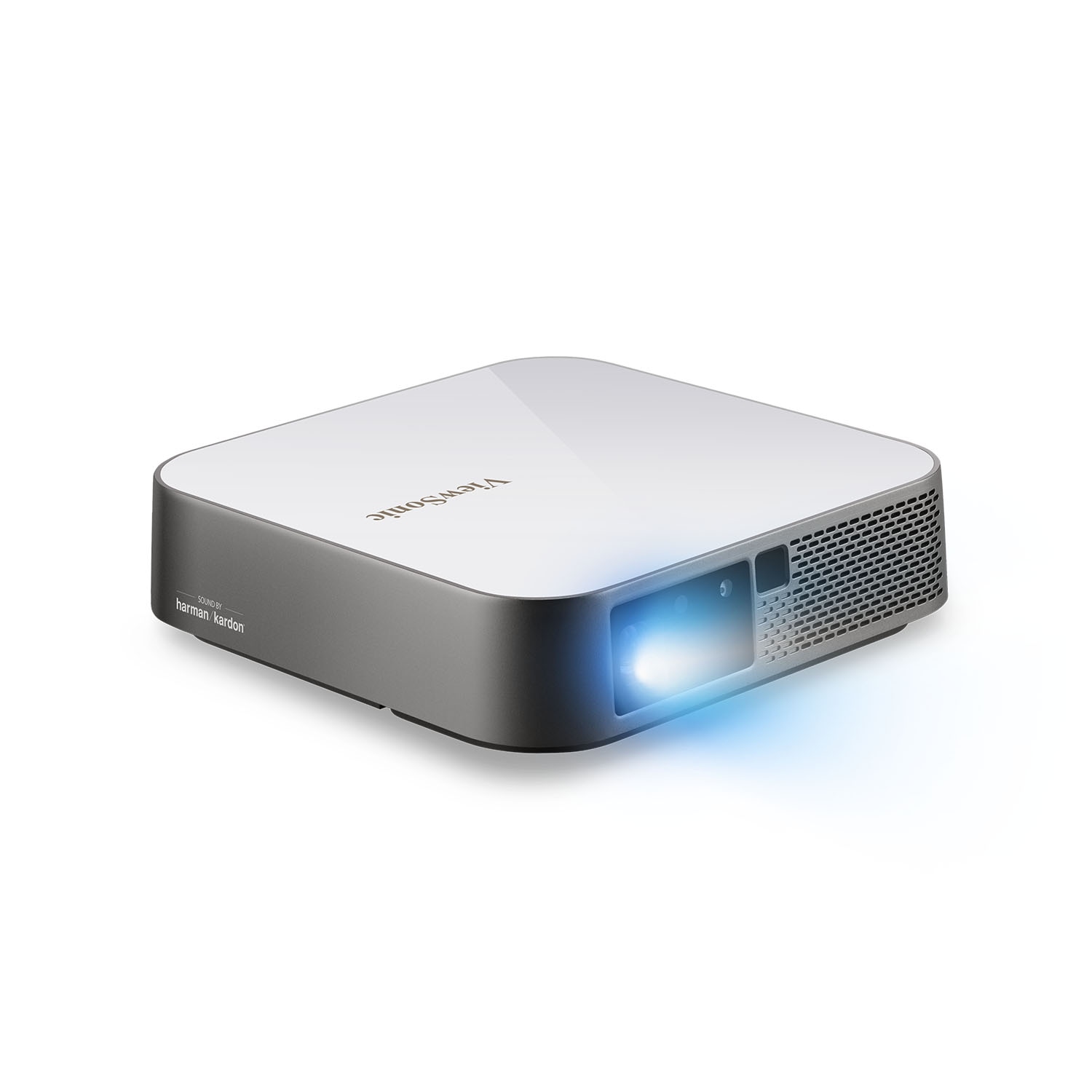 ViewSonic M2e silver and grey portable projector seen from the front right with its lens lit
