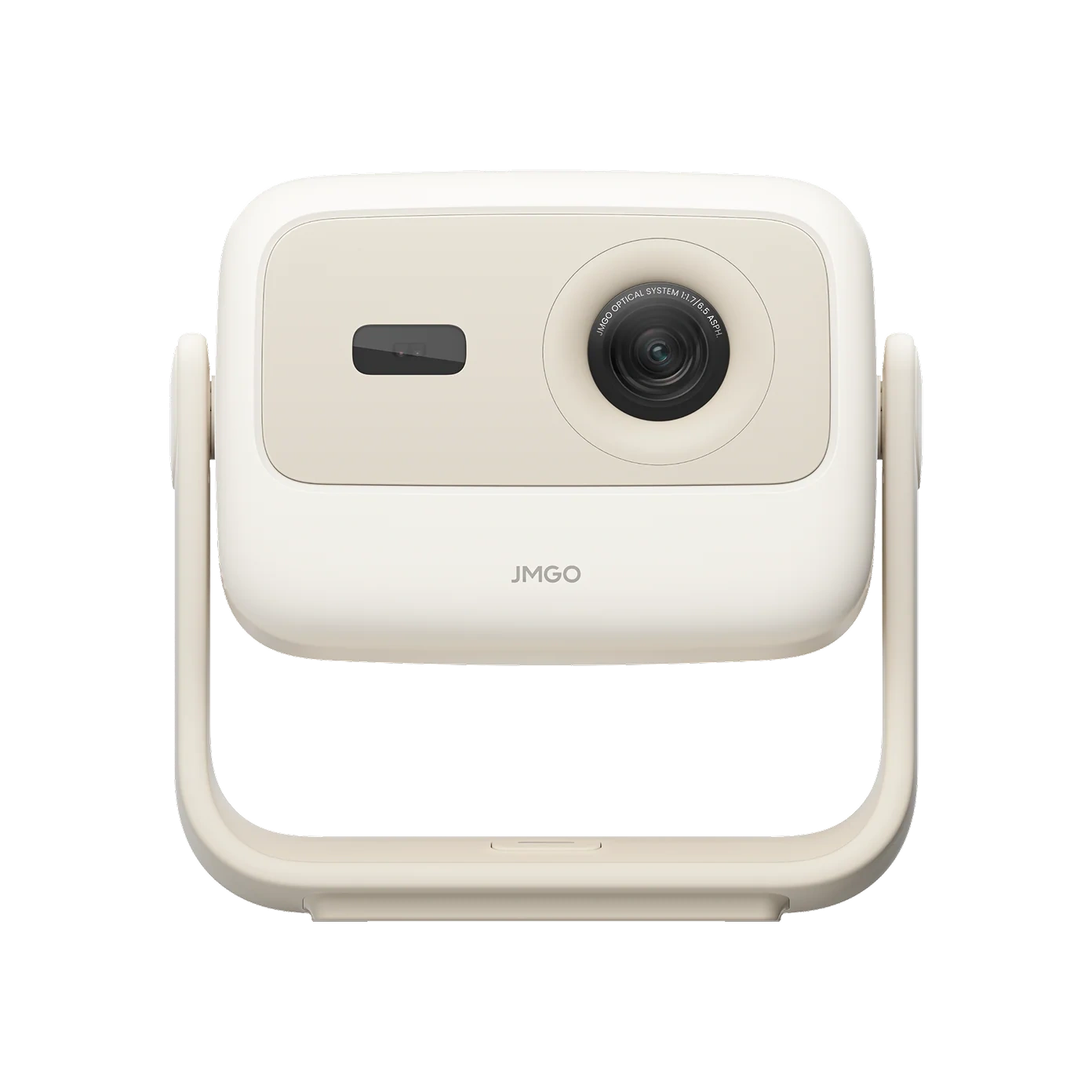 JMGO N1S Nano front view, cream-white body on its arched gimbal stand with the round lens and a sensor window