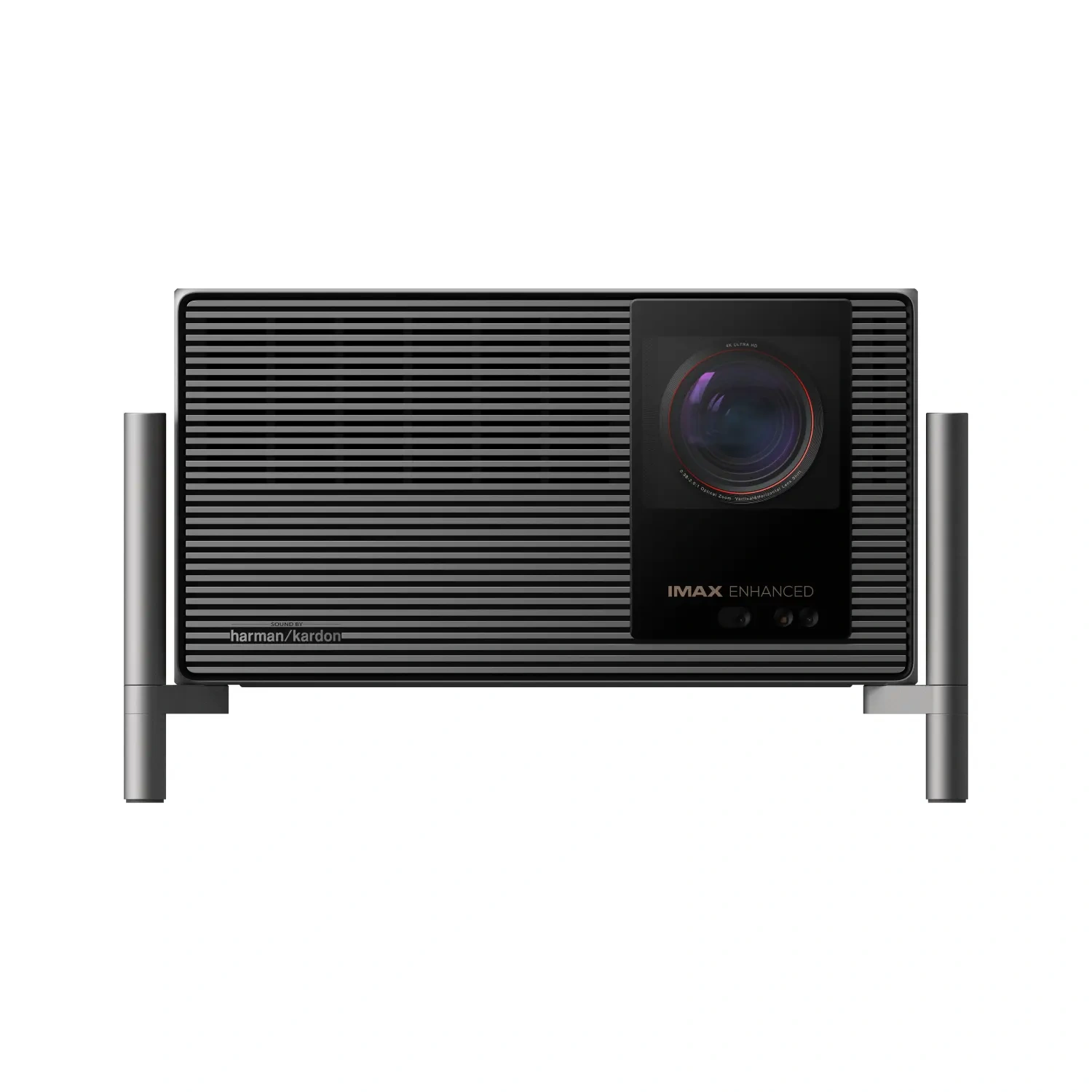 XGIMI TITAN Noir Max front view: black chassis with a horizontal-slat grille, red-ringed lens, IMAX Enhanced and Harman Kardon badges, on four silver legs