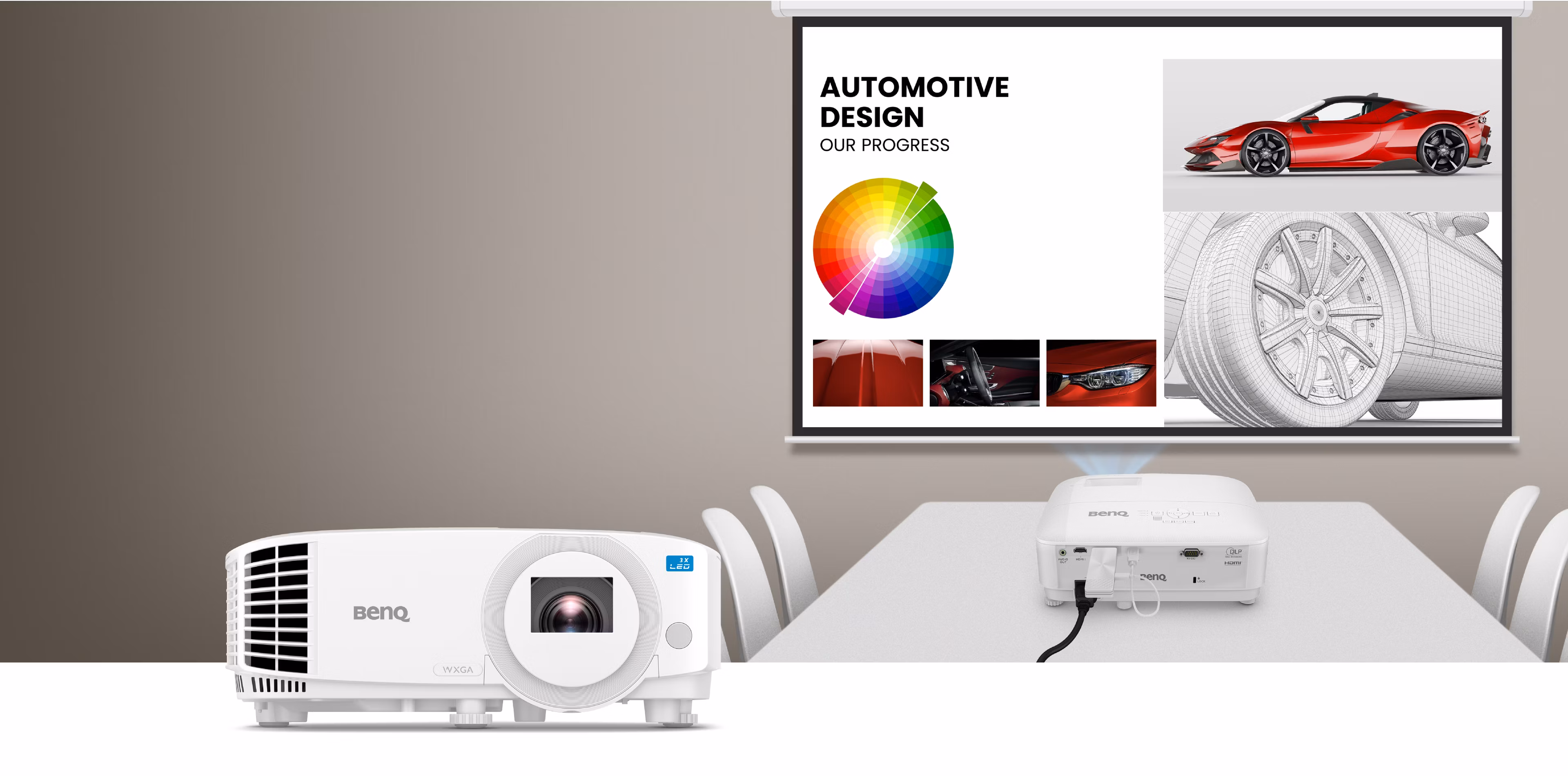 BenQ LW500 white LED projector seen from the front on a meeting-room table, with a second unit from behind projecting a slide onto a screen