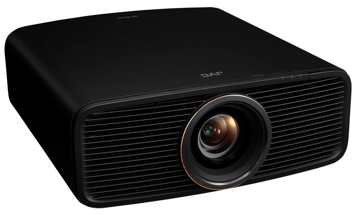 JVC DLA-RS1200 front three-quarter view from the right, black projector with large round lens