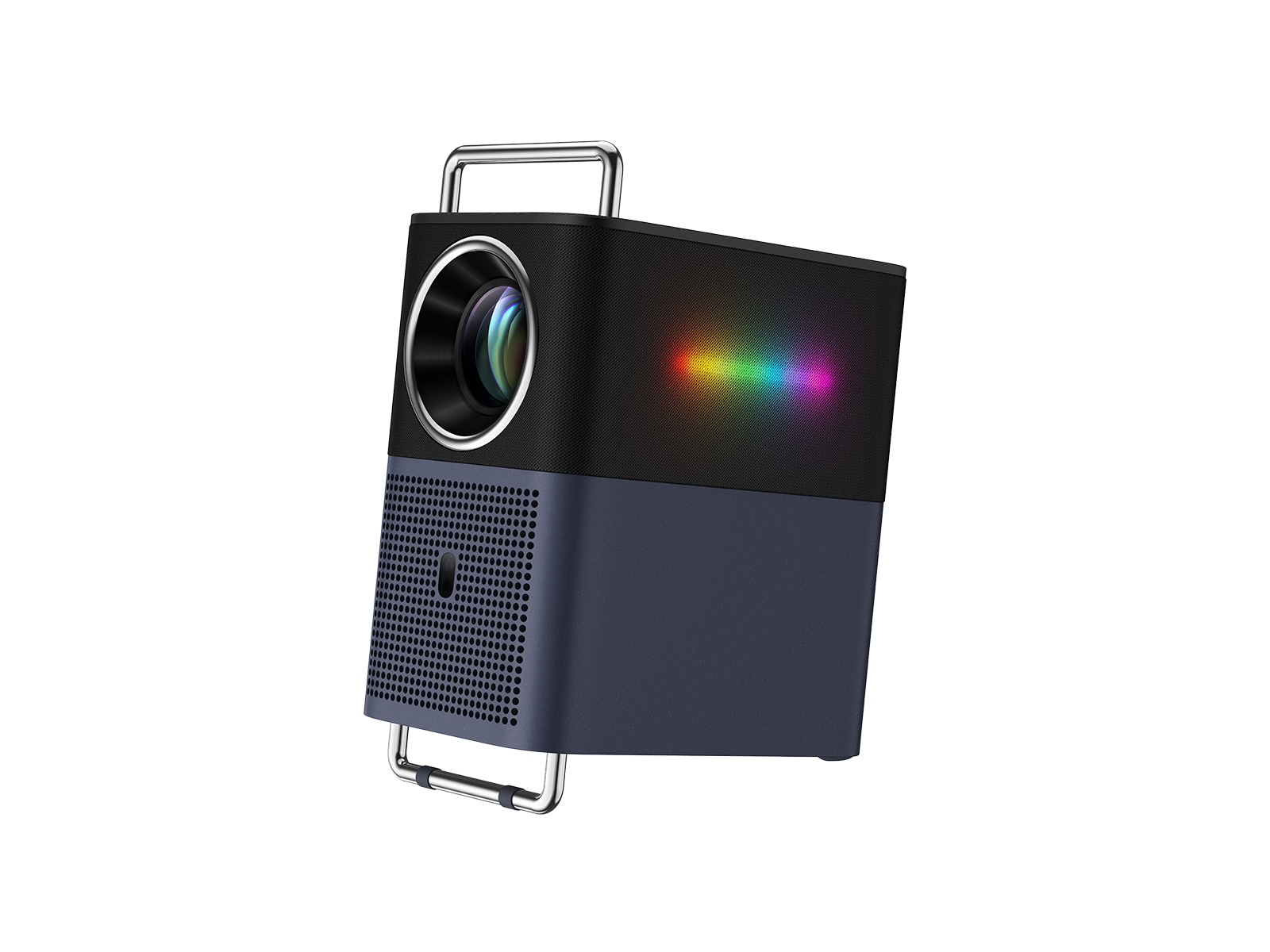 TCL A1 portable projector seen from the front left, with the rainbow light strip glowing on its side and the lens facing forward