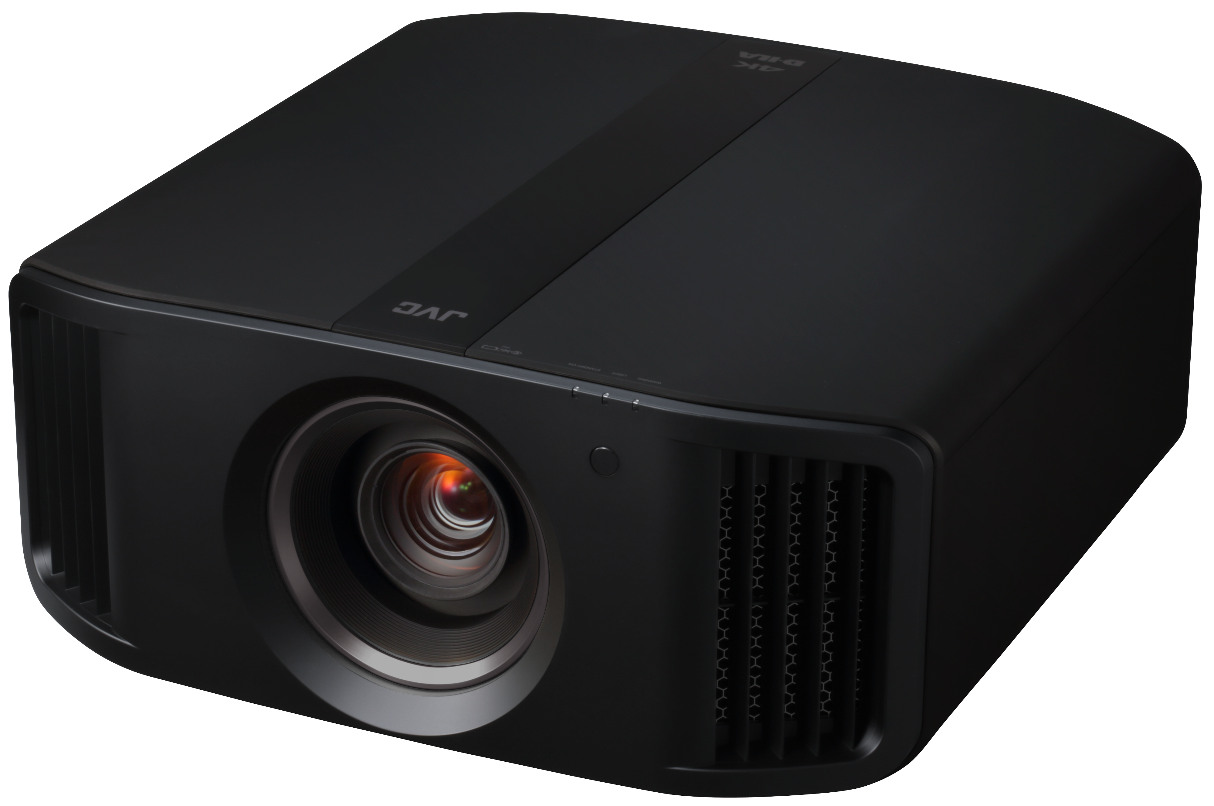 JVC DLA-NP5 projector in black, front three-quarter view from the right, showing the lens, JVC logo on the top strip and side vents