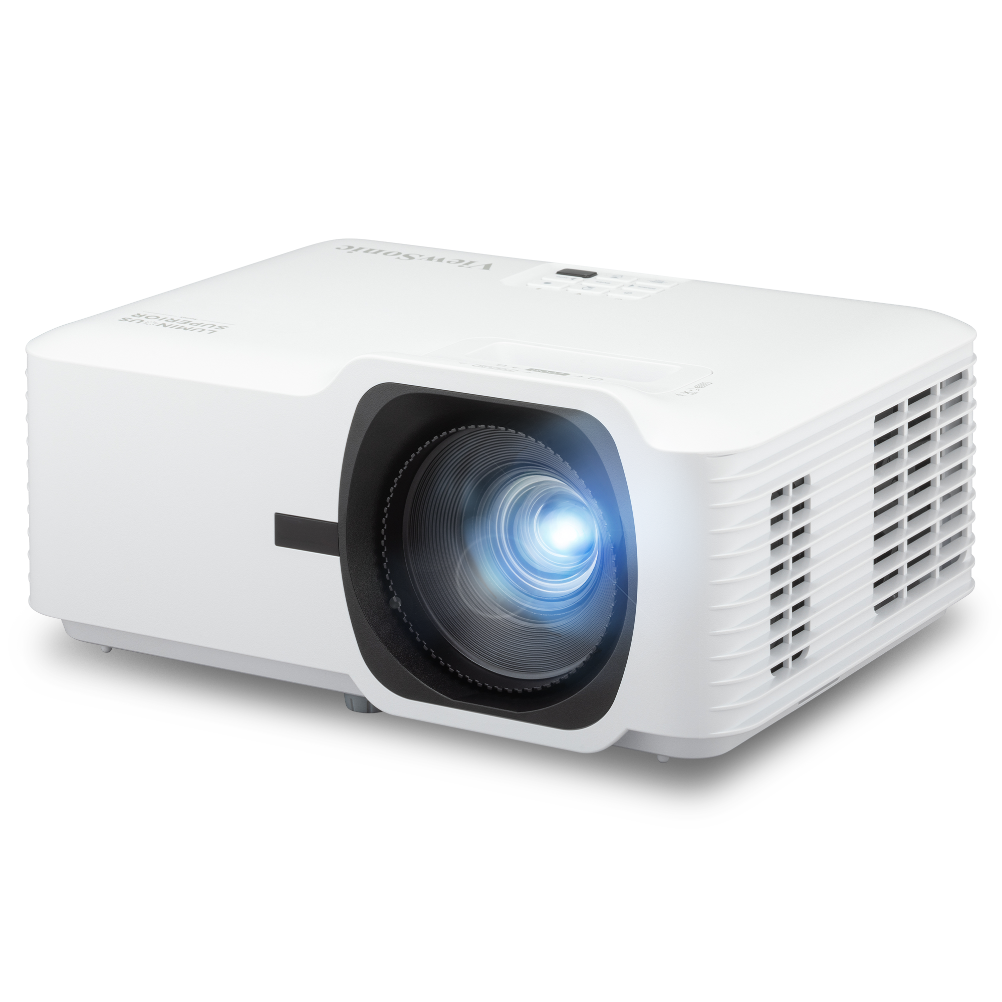 ViewSonic LSD600W white laser projector seen from the front left, with the large black-trimmed lens at the front and the control panel on top