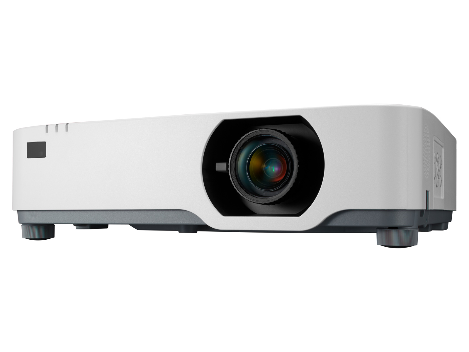 White NEC P-Series laser projector (shared P525UL/P525WL/P605UL picture), front three-quarter view from the upper left, showing the black lens surround and zoom lens