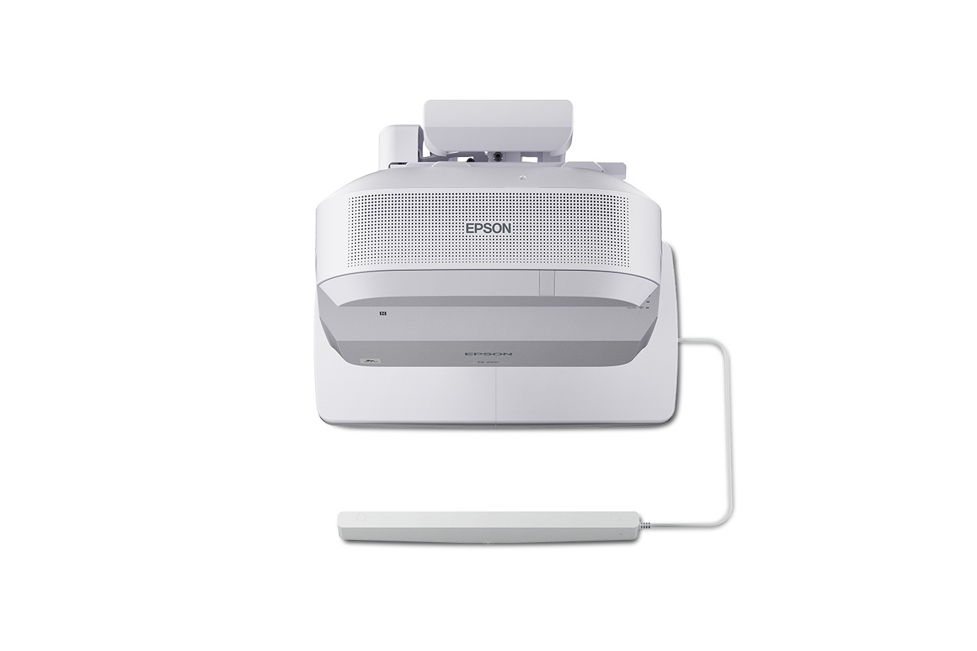 Epson BrightLink 870Ei interactive ultra short throw projector seen from the front on its wall mount, with the touch module below