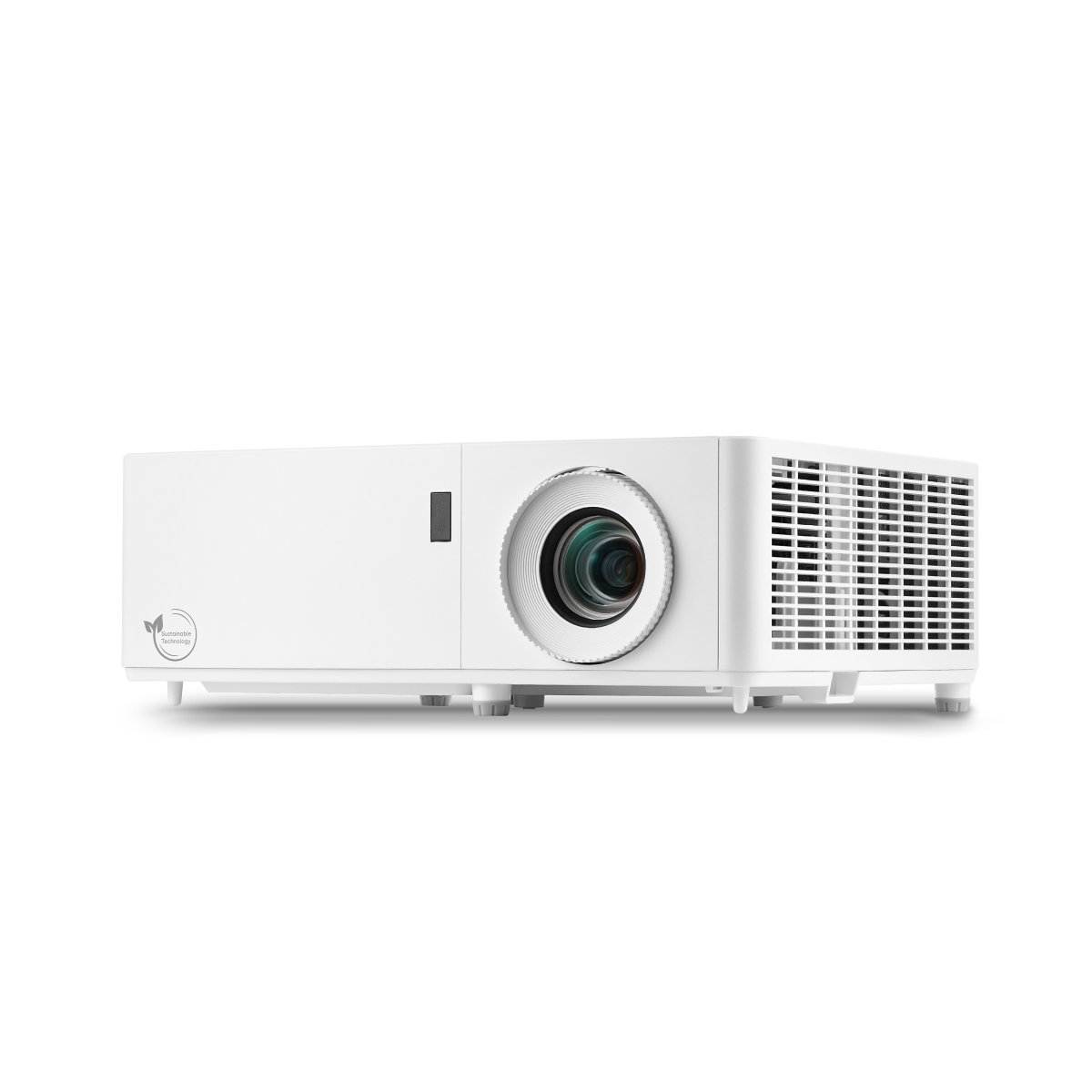 InFocus IN1089SL white projector, front three-quarter view from the left showing the lens and side vent