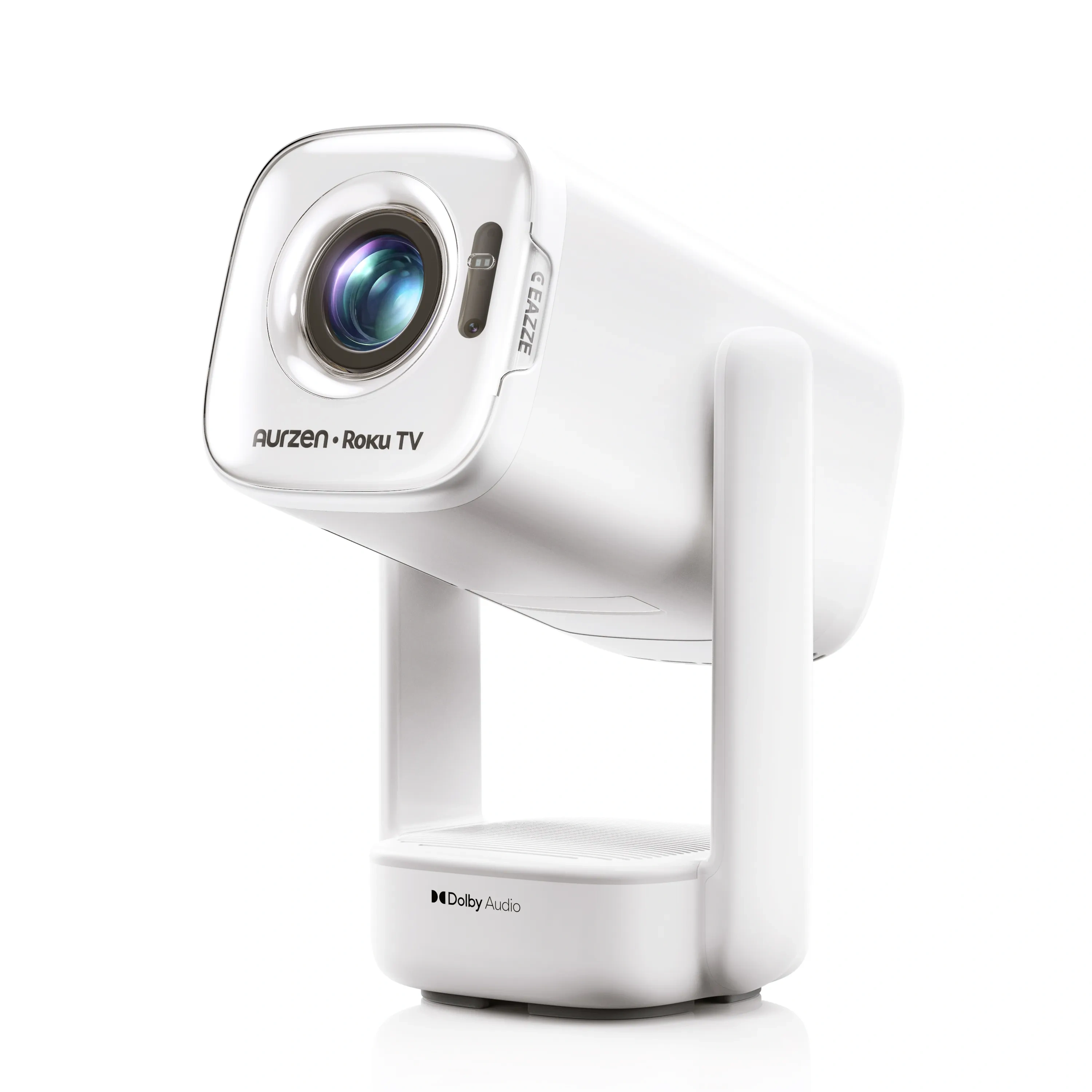 Aurzen EAZZE D1R air in white, front three-quarter view showing the lens, sensor and Aurzen Roku TV badge on its base stand