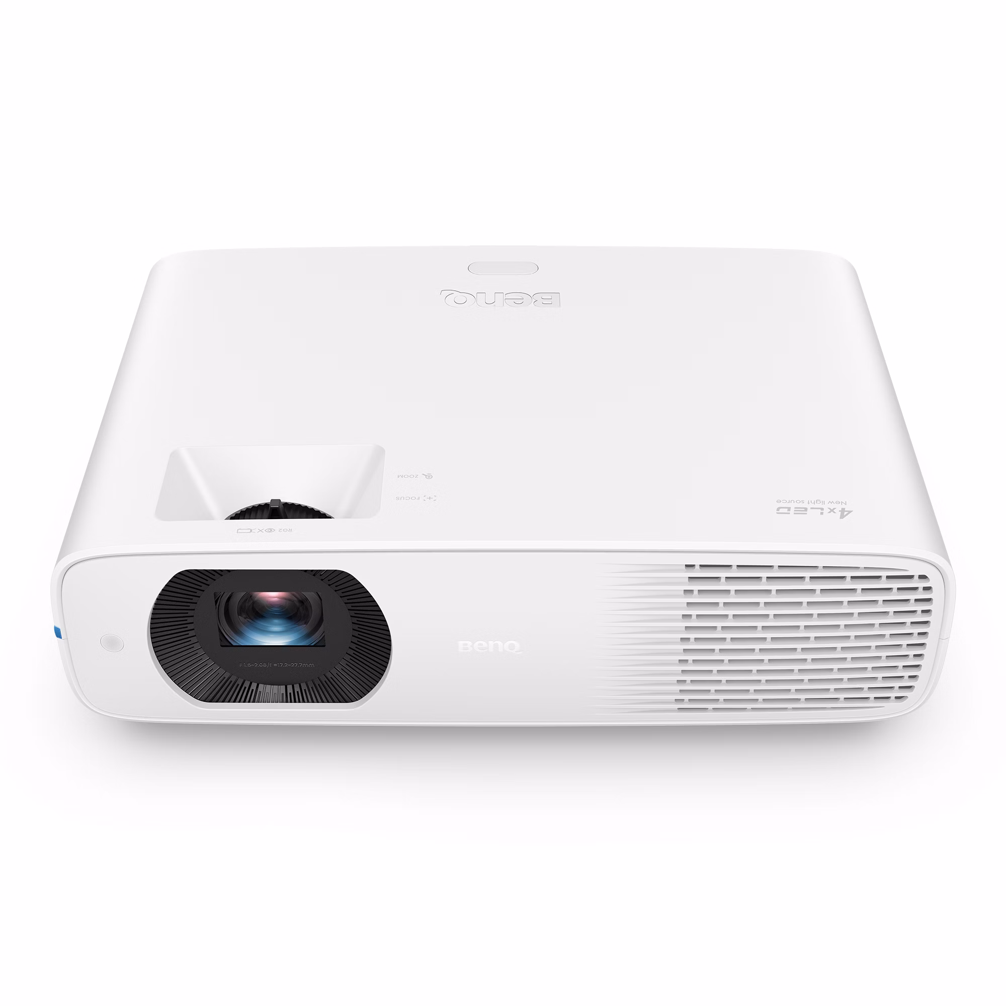 BenQ LH750 projector, front three-quarter view from above, white body with lens at left and vents at right