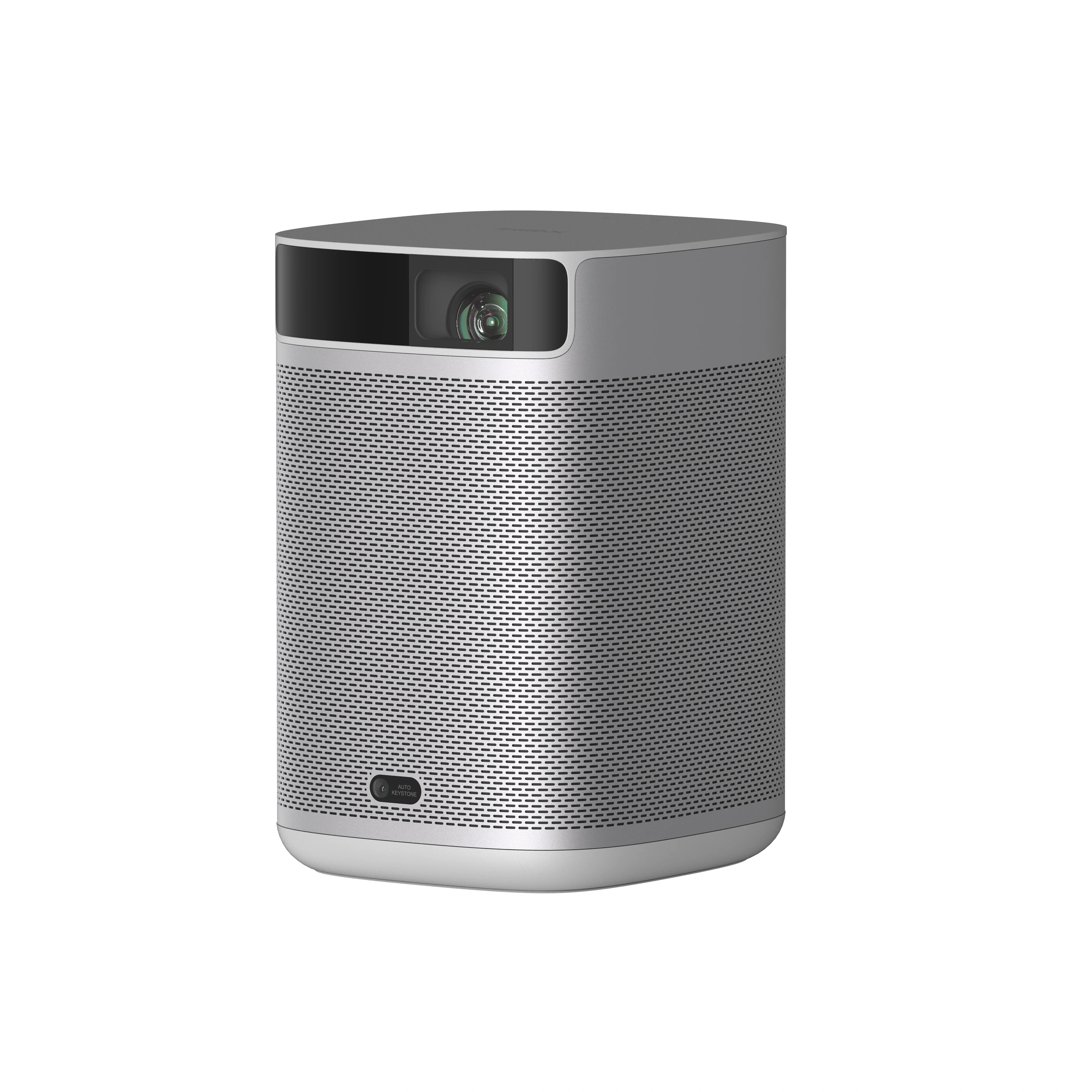 XGIMI MoGo 2 front three-quarter view, light grey perforated speaker body with lens and sensor window at the top