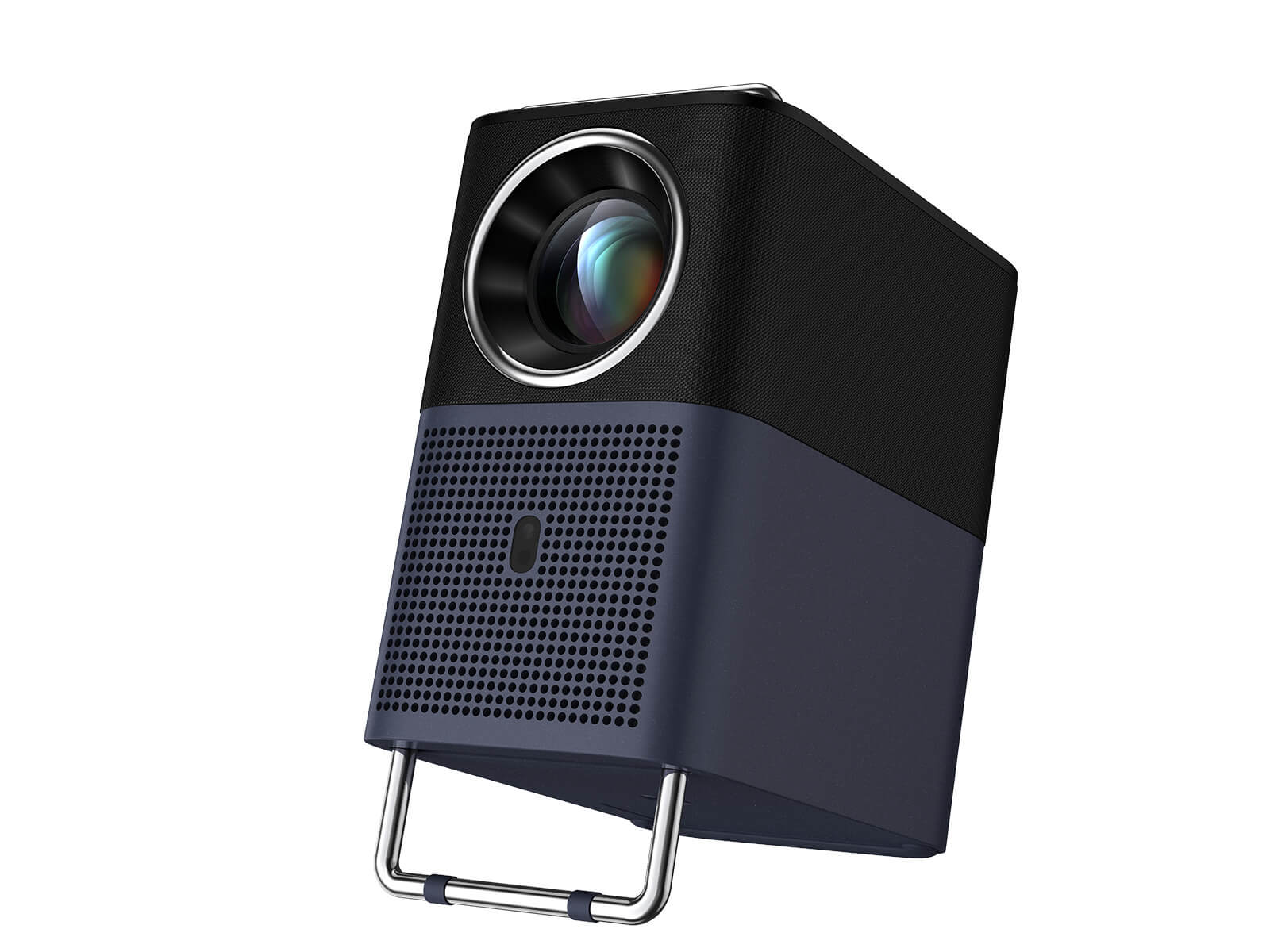 TCL A1s portable projector from the front left, its round lens facing forward and the wire handle tilted down as a stand under a dark navy and black body