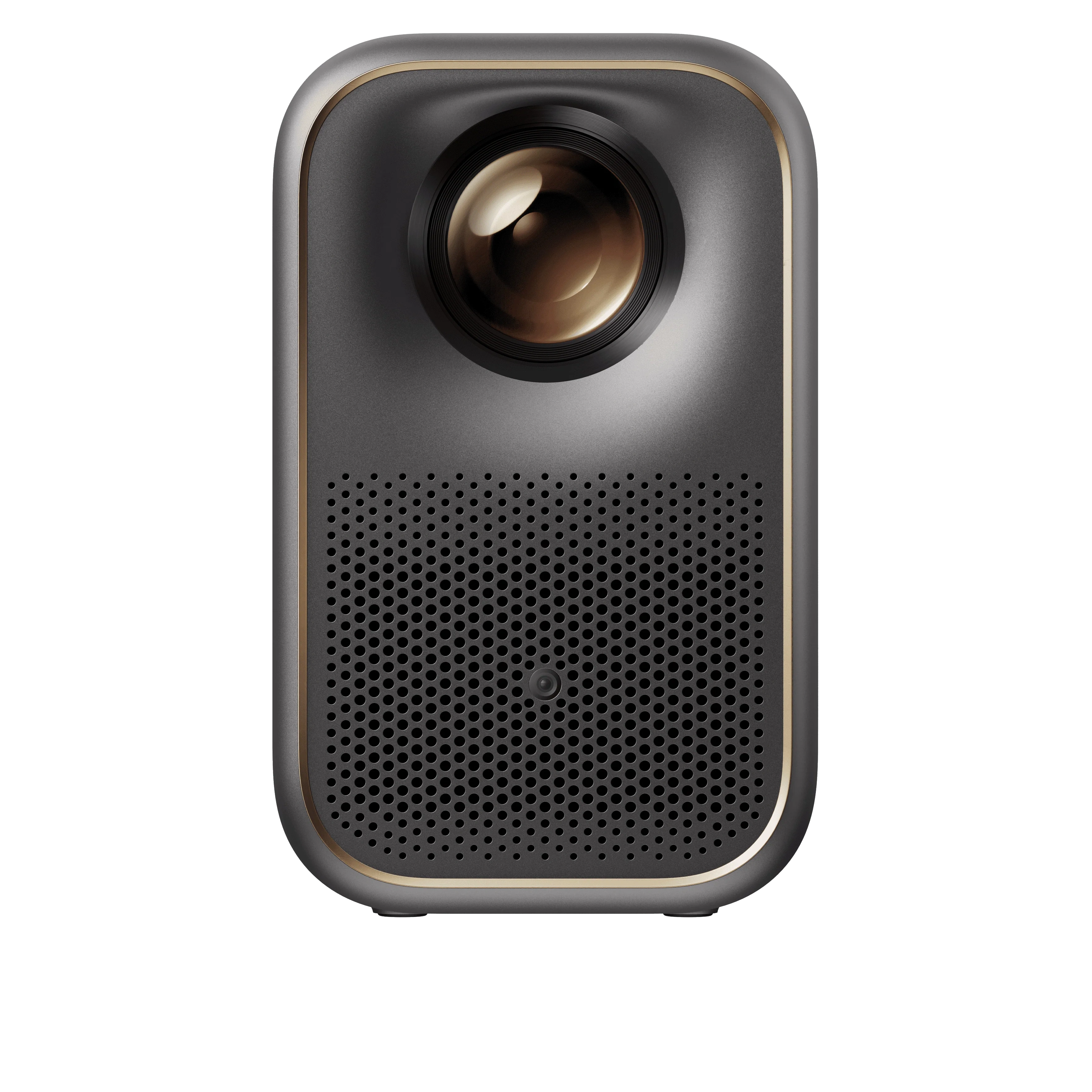Formovie Xming Page Two front view, dark grey with gold trim, lens above a perforated speaker grille