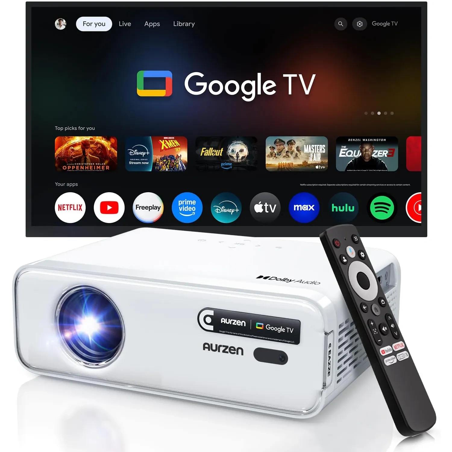 Aurzen EAZZE D1G white projector, front three-quarter view with lens and Google TV badge, beside its remote and a Google TV home screen