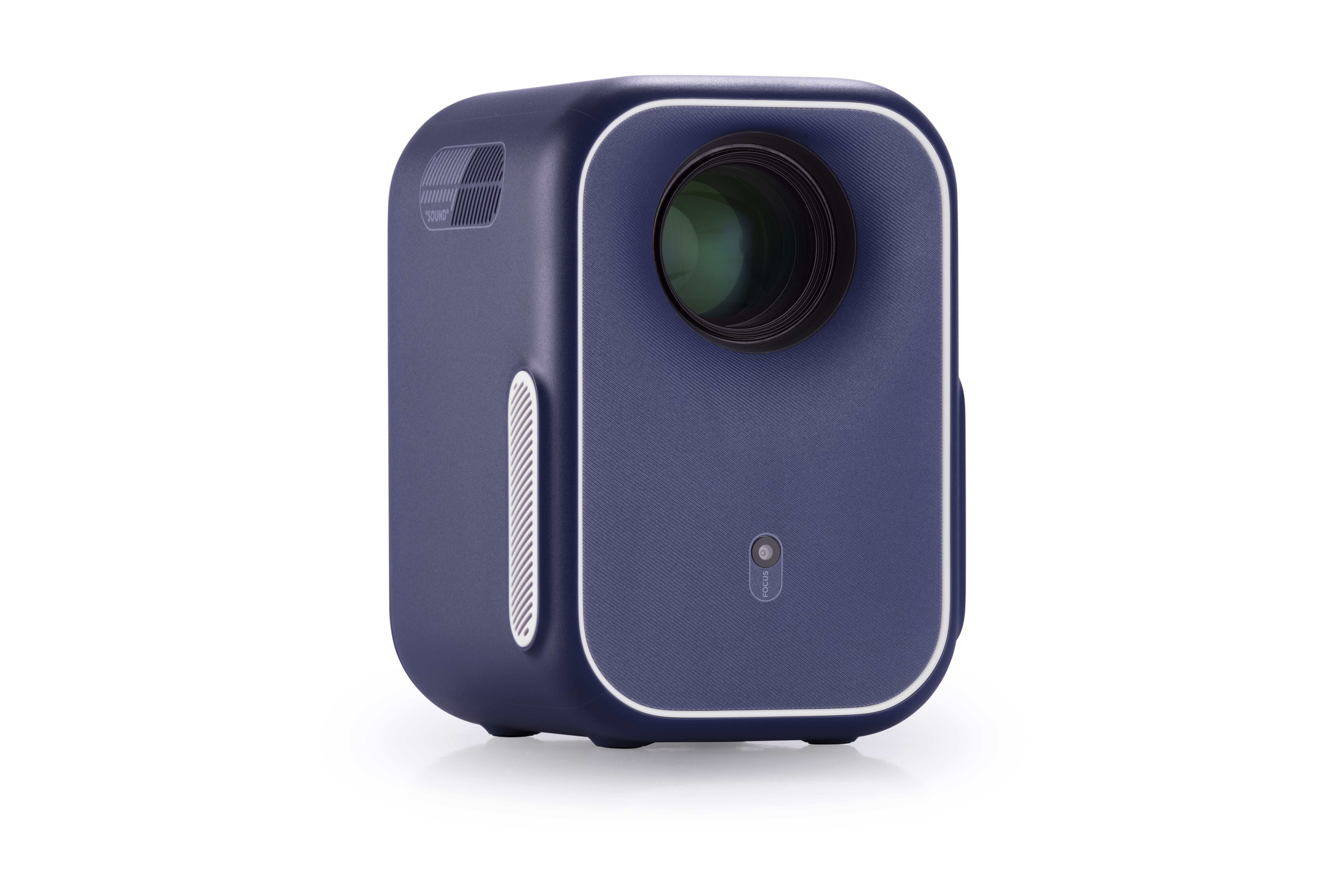 InFocus Apex Challenger front three-quarter view, dark blue-purple cube body with a round lens and a grey speaker slot on the side