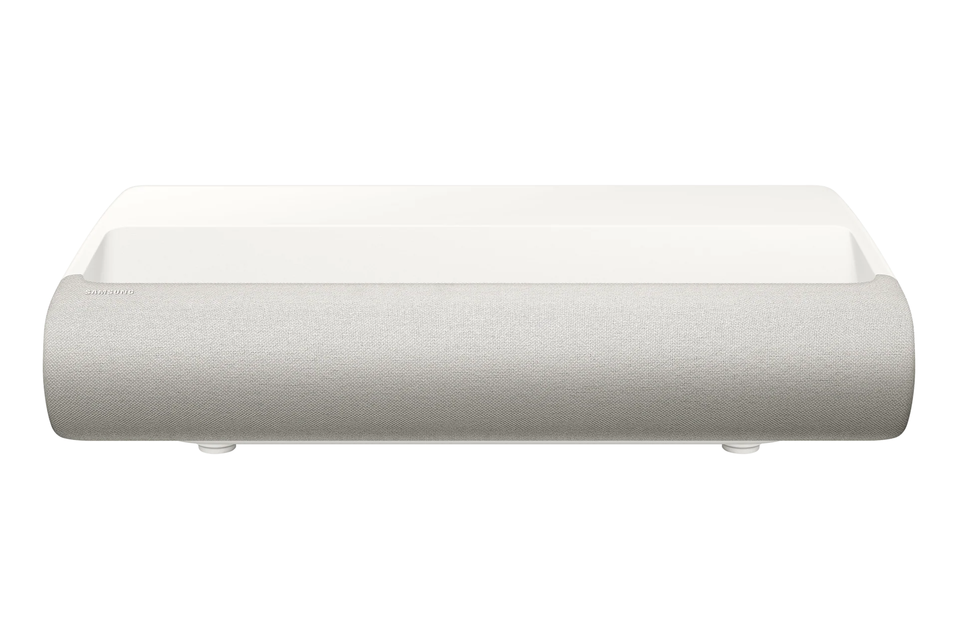 Samsung The Premiere LPU7D ultra-short-throw projector, front view, warm white fabric-covered body