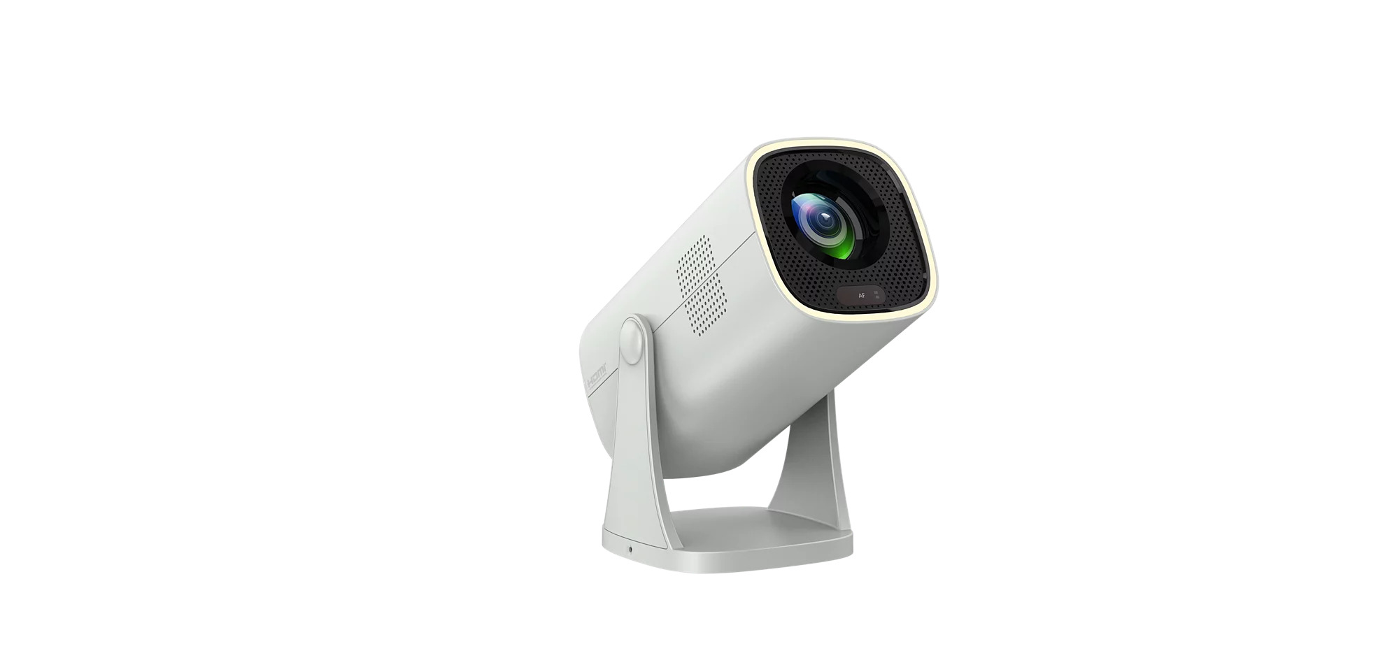 Philips NeoPix 244 projector in light grey, front three-quarter view on its tilting stand, with the lit LED ring around the lens