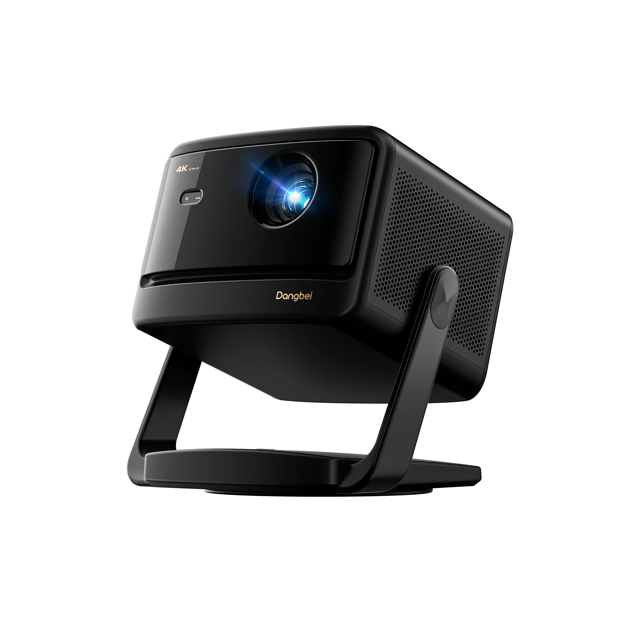 Dangbei DBOX02 Pro 4K laser projector in dark grey on its integrated gimbal stand