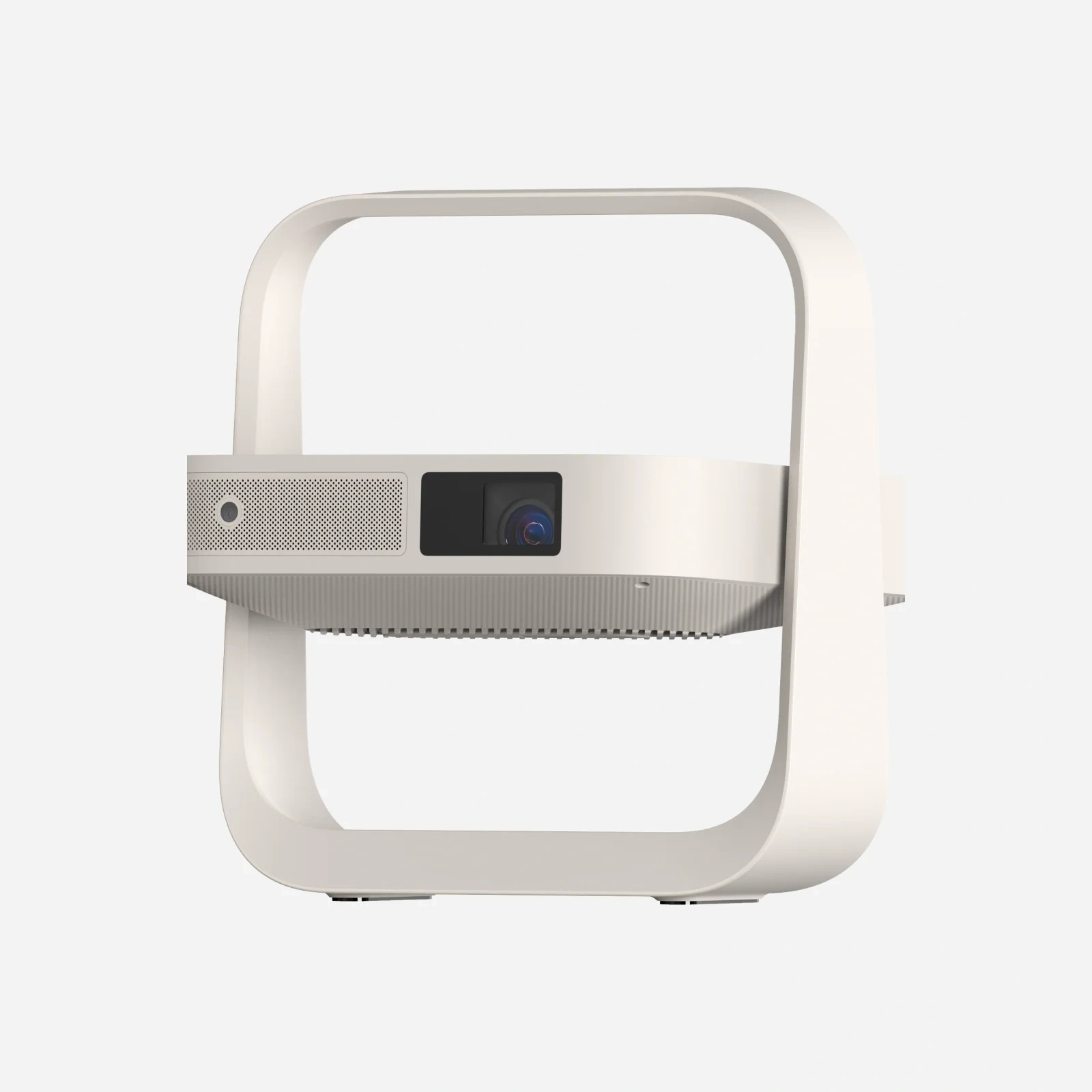 XGIMI Elfin Flip in its open C-shaped stand, front view showing lens, sensor and speaker grille, beige finish