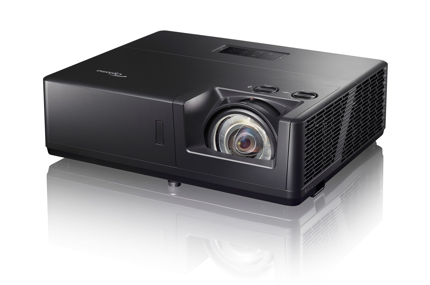 Optoma ZU607TST black laser projector from the front left, short-throw lens at the right of the front face