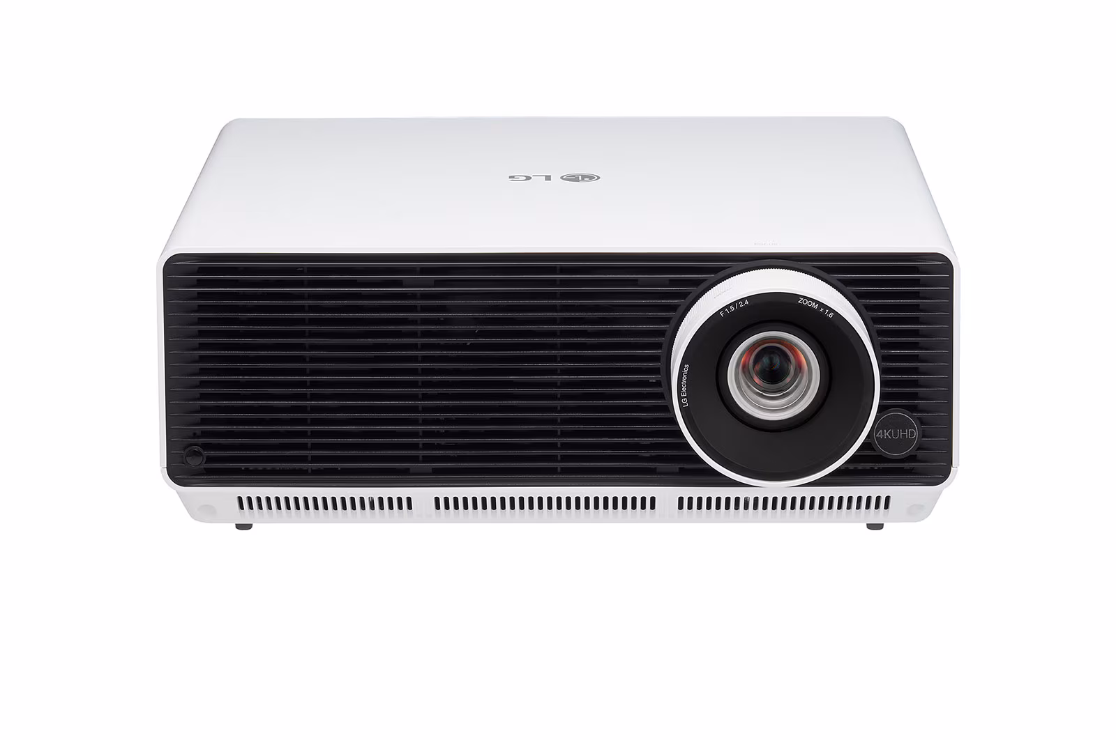 LG BU50RG projector, white body with a black vented front panel, front view with the lens at the right