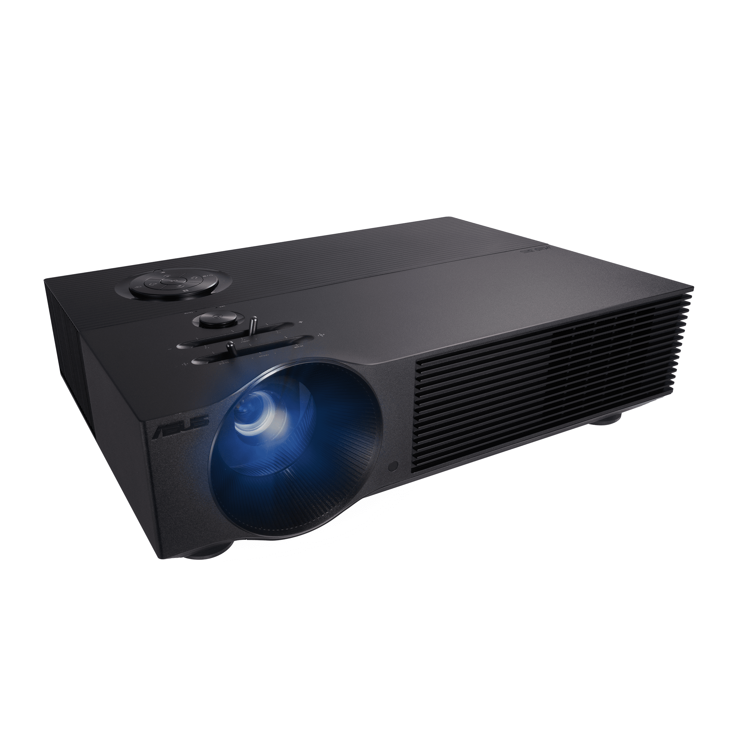 ASUS H1 front three-quarter view, black body with blue-lit lens and control dial on top