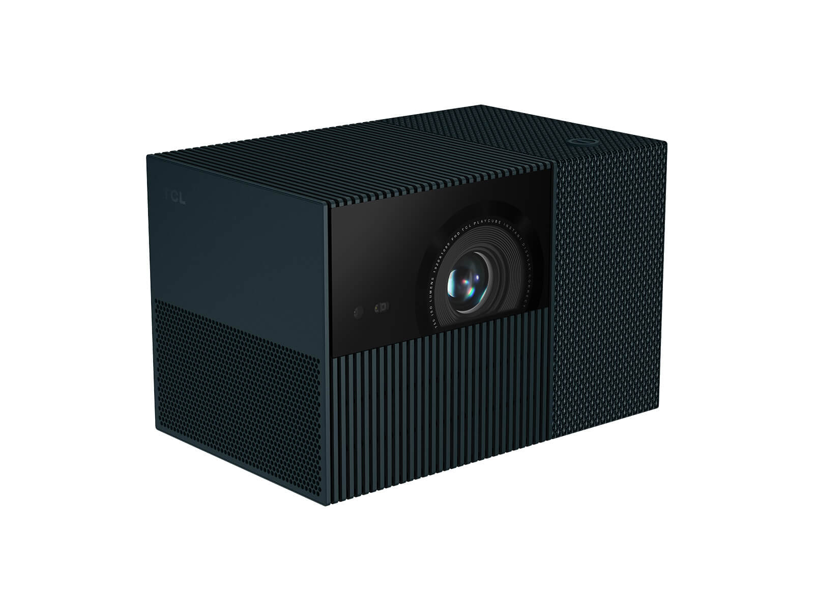 TCL PlayCube cube projector with its cover closed, dark ribbed body, front three-quarter view