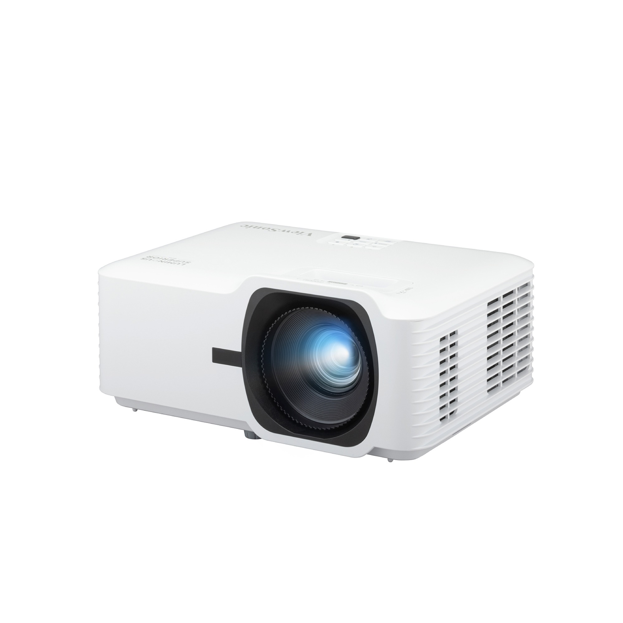 ViewSonic LS740W white laser projector, front three-quarter view showing the black lens surround, top keypad and side vents