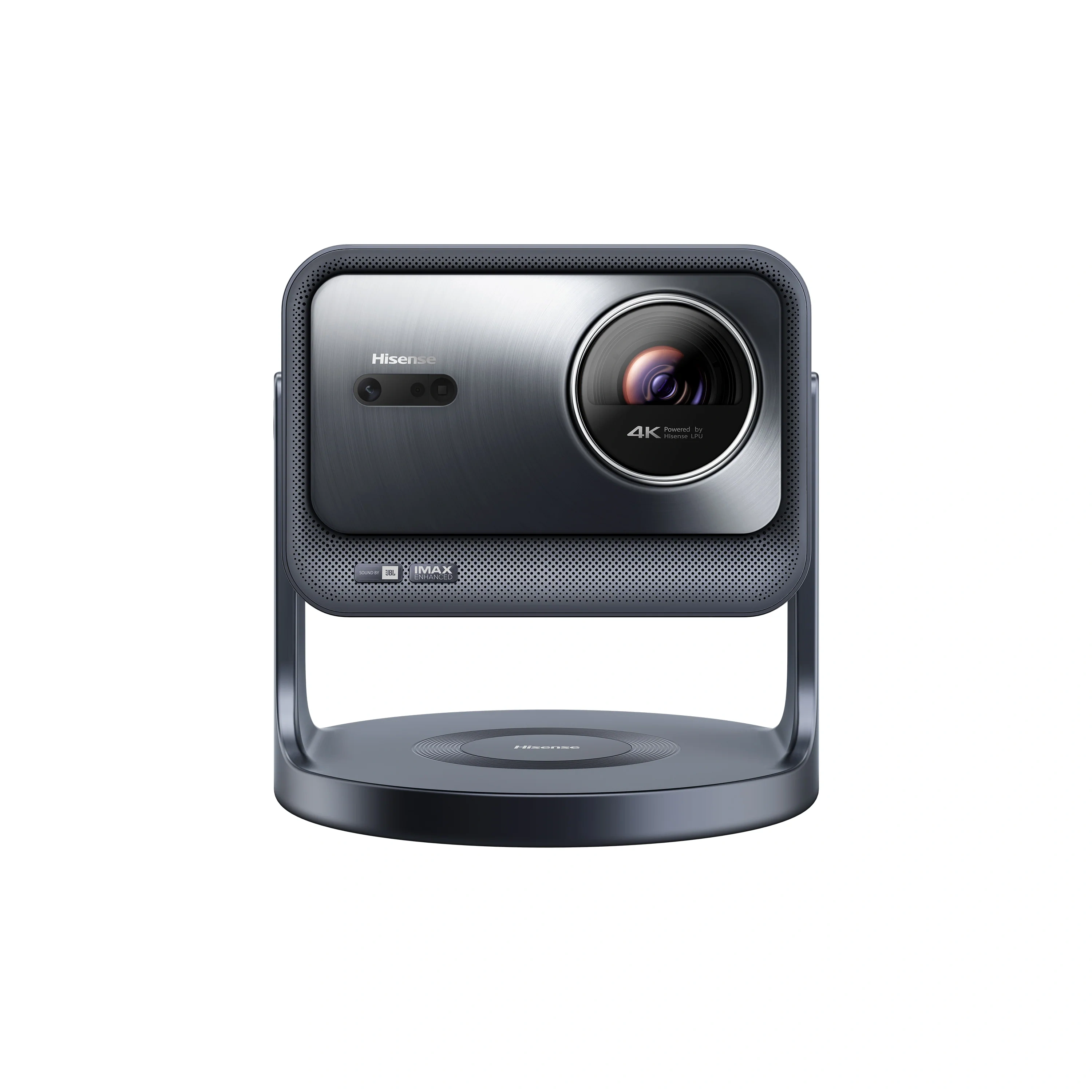 Hisense C2 Pro projector seen from the front on its round gimbal stand, with the lens at upper right and the Hisense, JBL and IMAX marks below the lens panel
