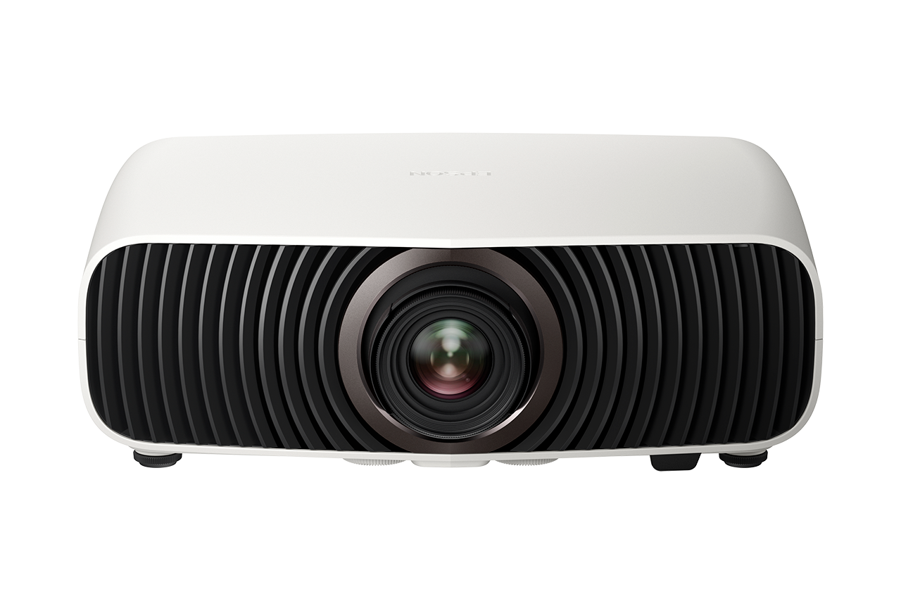 Epson Home Cinema LS7500 front view showing the short-throw lens and black vented grille on a white body