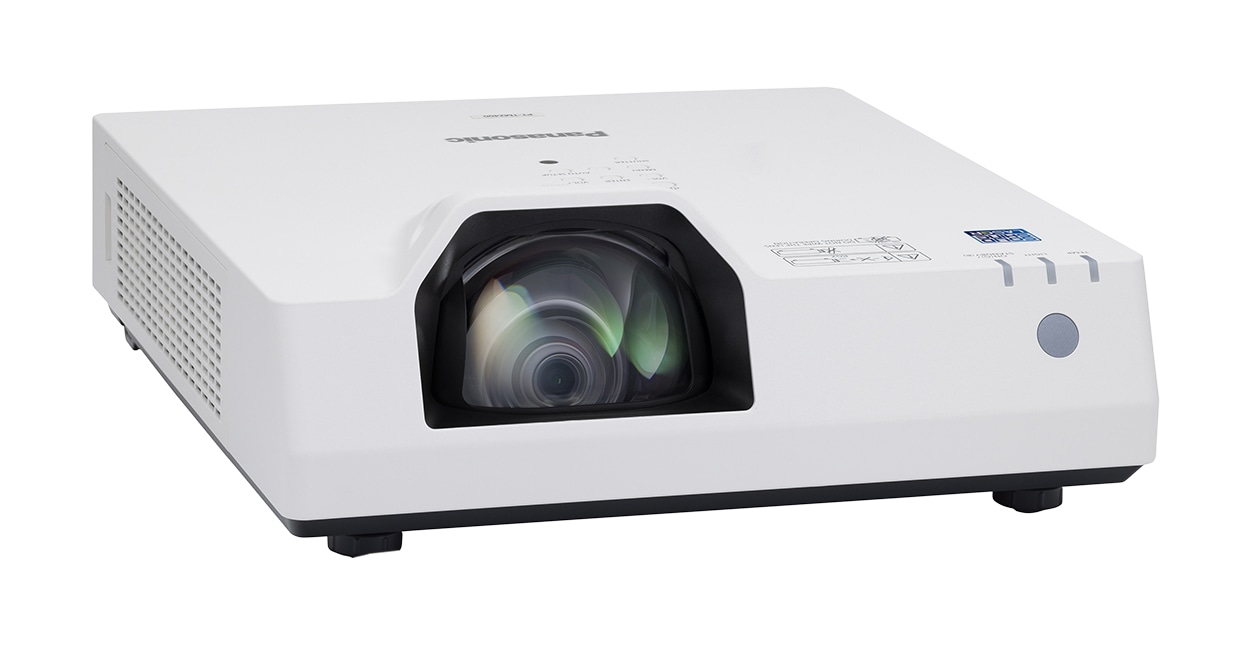 Panasonic PT-TMZ400 white short-throw projector, front three-quarter view from the left, showing the short-throw lens