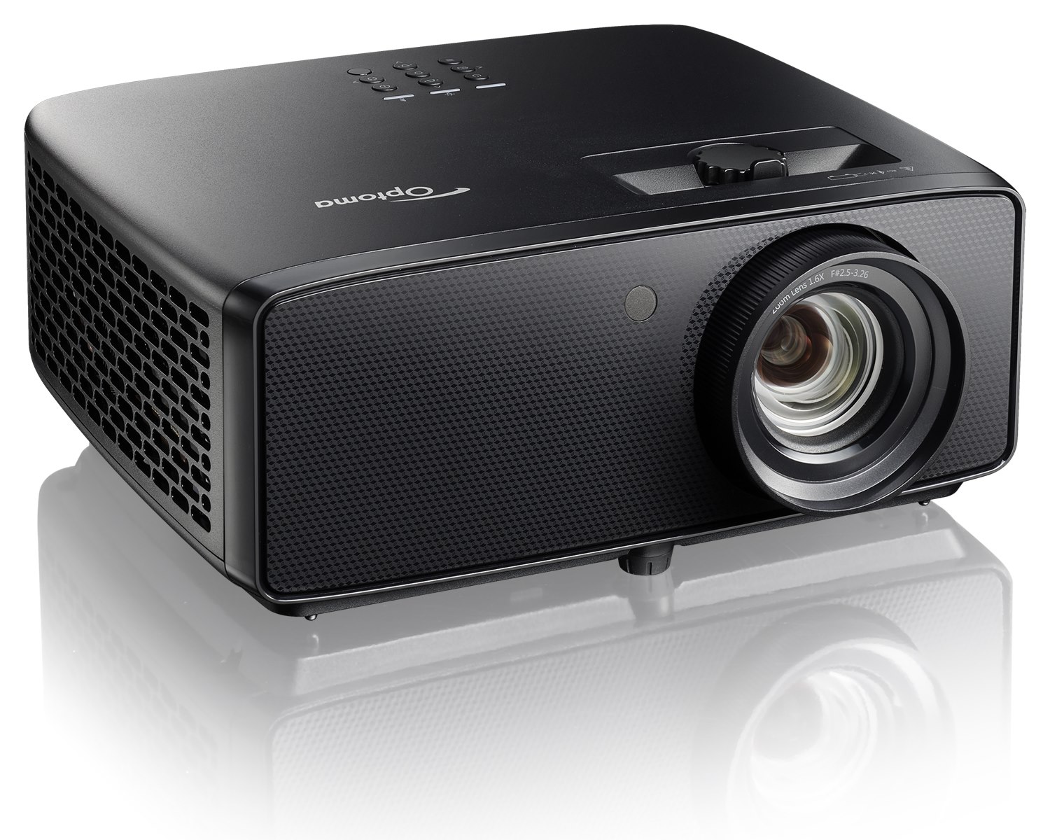 Optoma UHZ58LV projector in black, front left three-quarter view with the 1.6x zoom lens on the right and the side vents visible