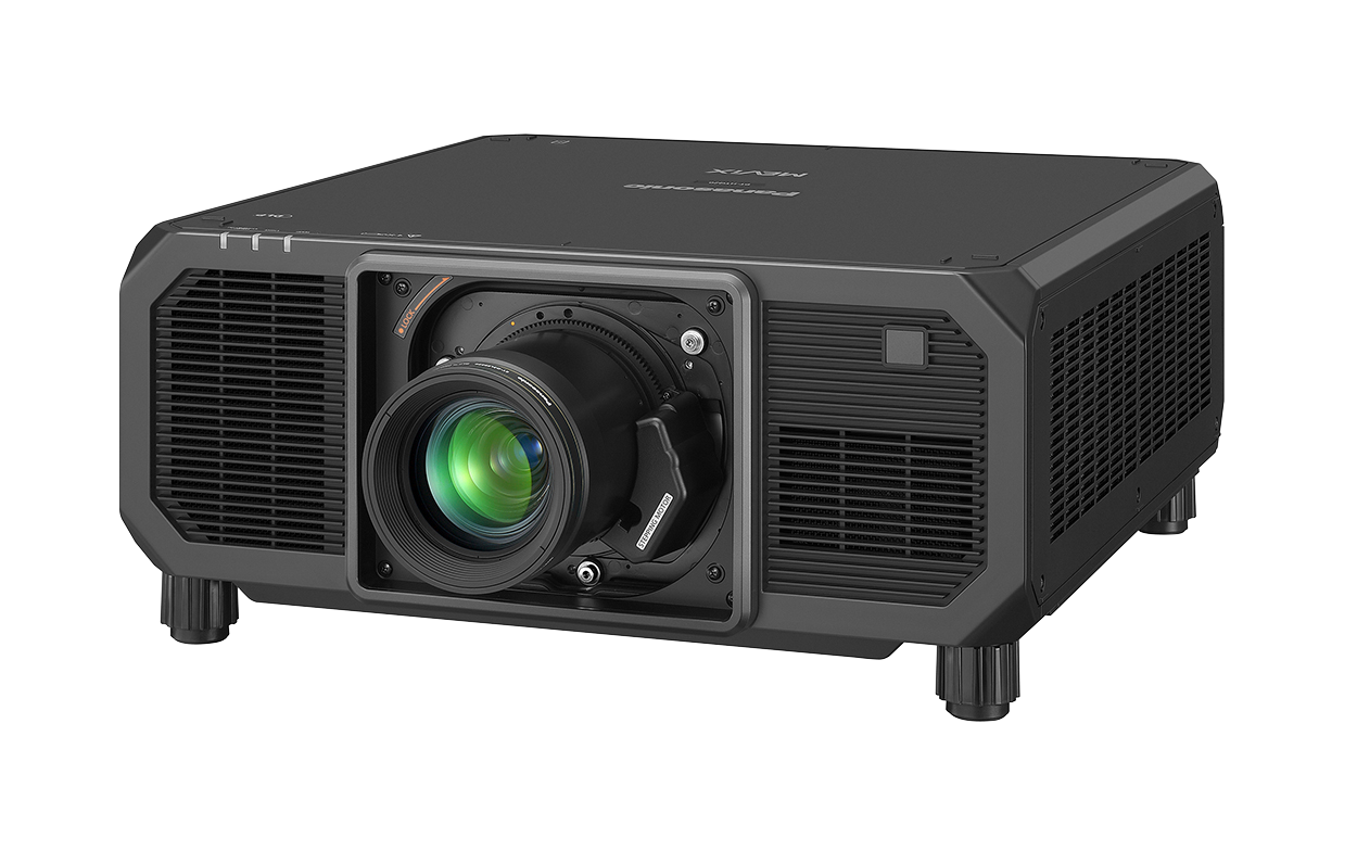 Panasonic PT-HTQ20 projector, black, front three-quarter view from the left with a zoom lens fitted