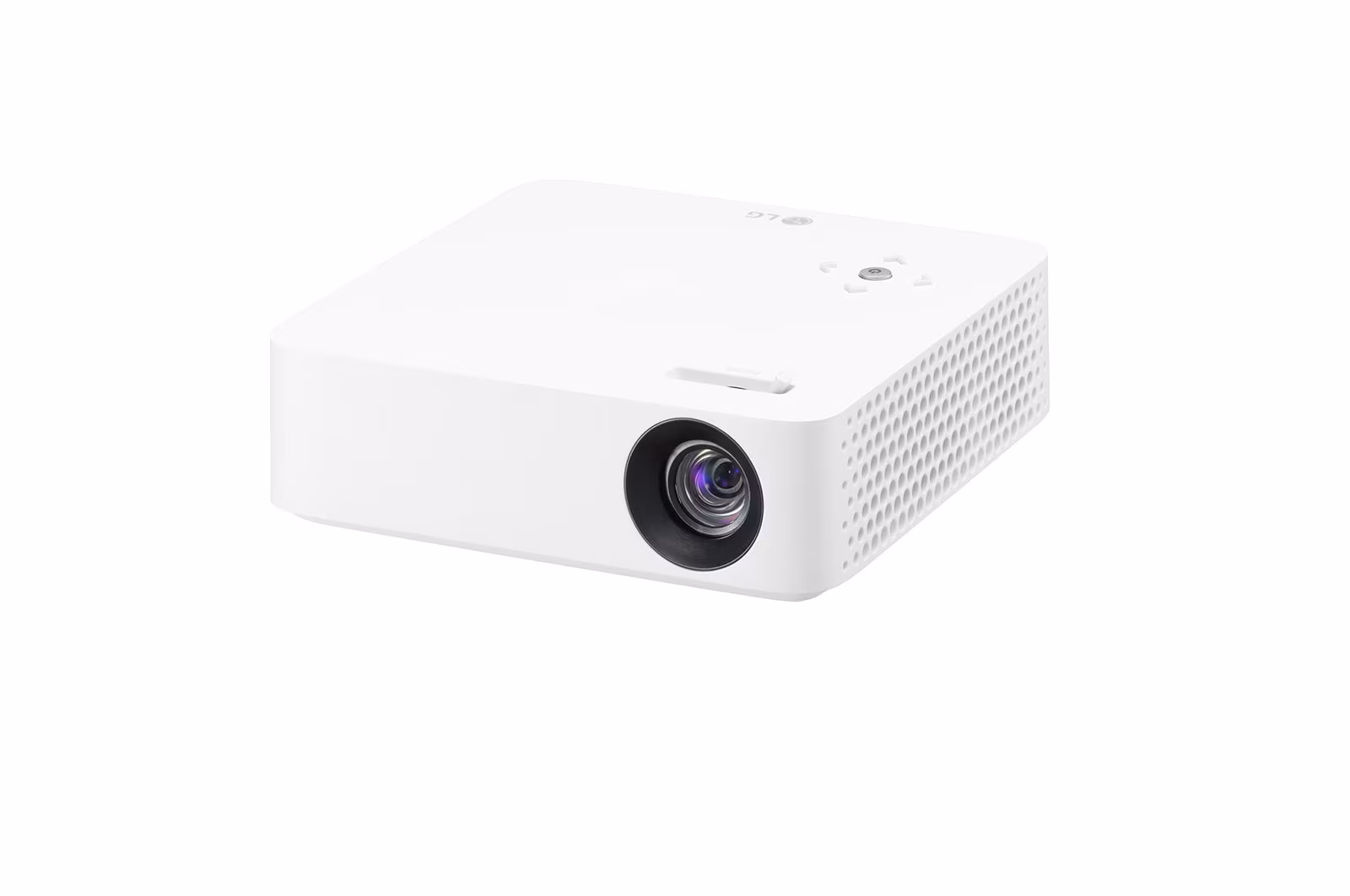 LG CineBeam PH30N white portable projector, front three-quarter view showing the lens and top control