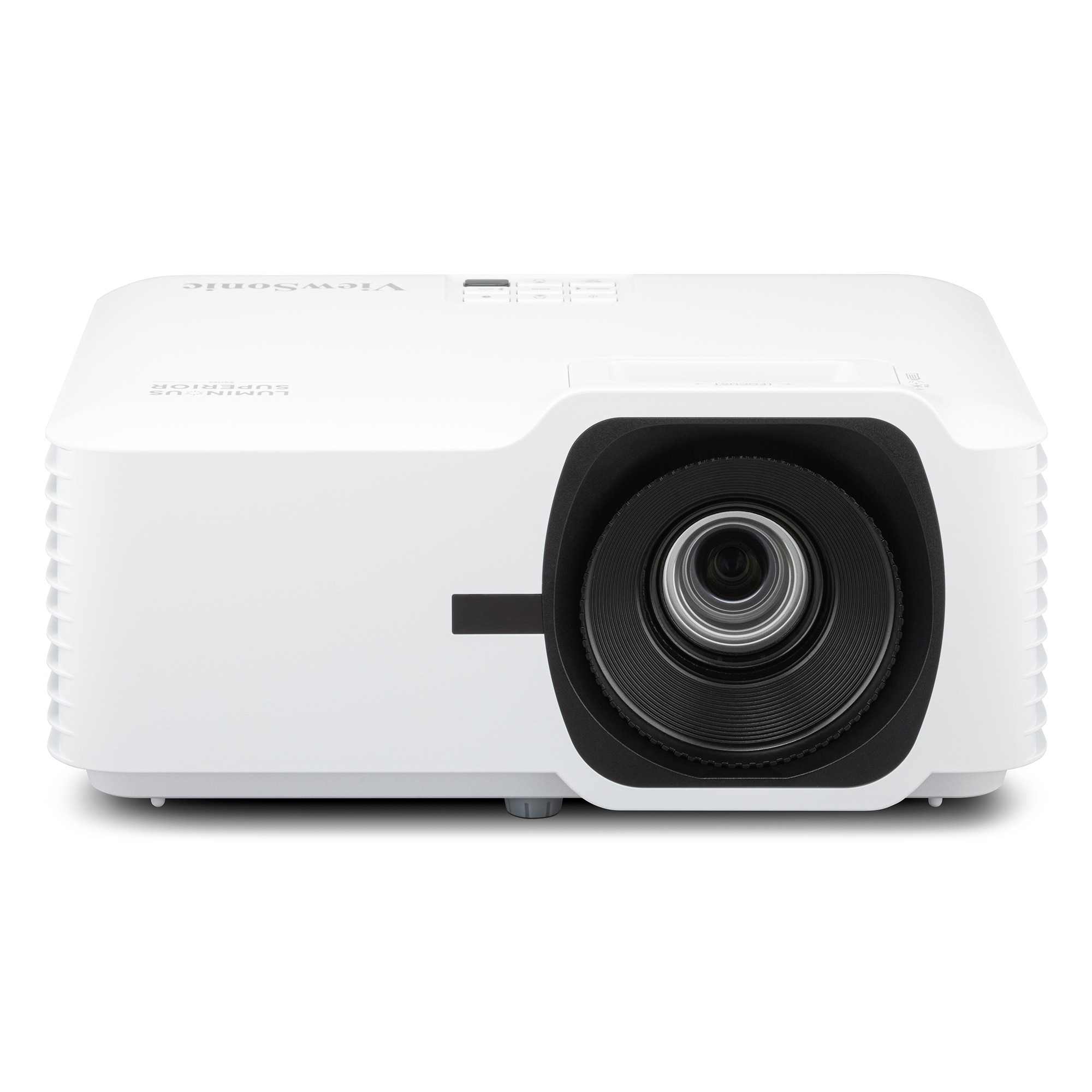 ViewSonic LS630W white laser projector seen from the front, with a large black-trimmed lens on the right and the control keys on top