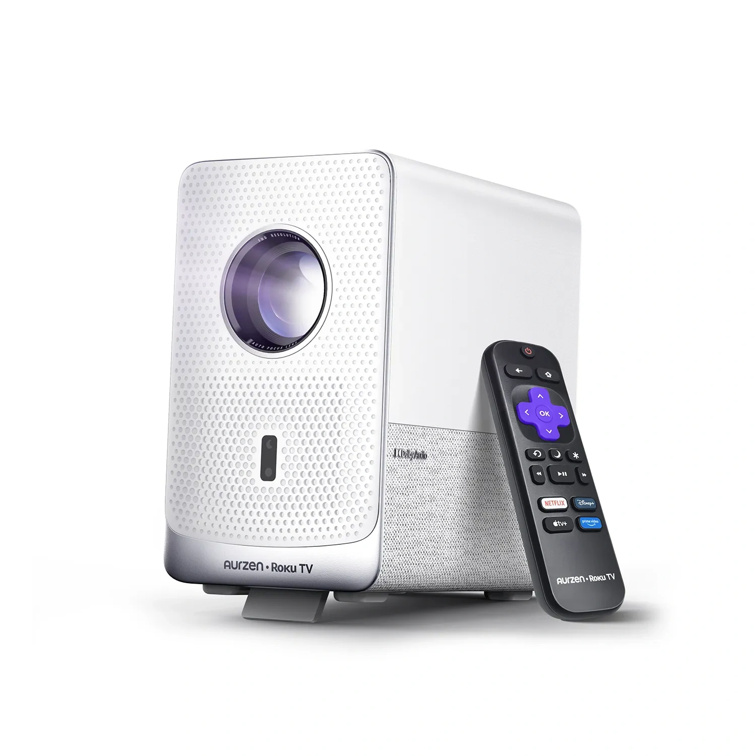 Aurzen EAZZE D1R Cube white cube projector, front three-quarter view, with the black Roku TV remote beside it