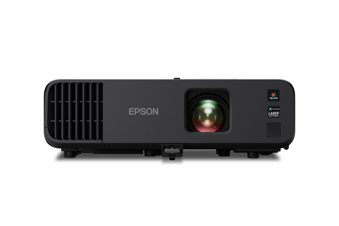 Epson Pro EX11000 laser projector, black chassis, front view with the lens at the right, the 3LCD and Laser Light Source badges and the air intake grille on the left