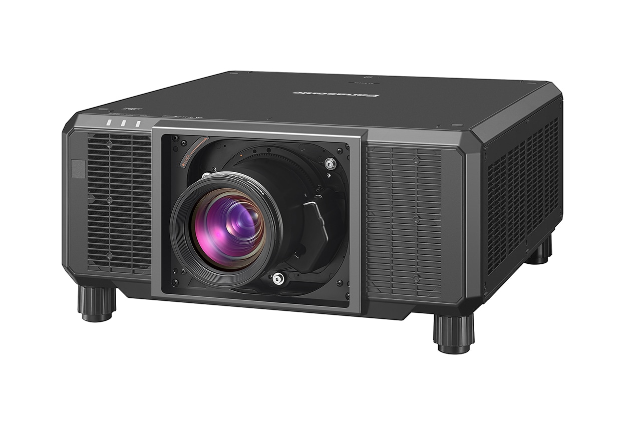 Panasonic PT-RQ25K black large-venue projector, front three-quarter view from the left, with a zoom lens fitted