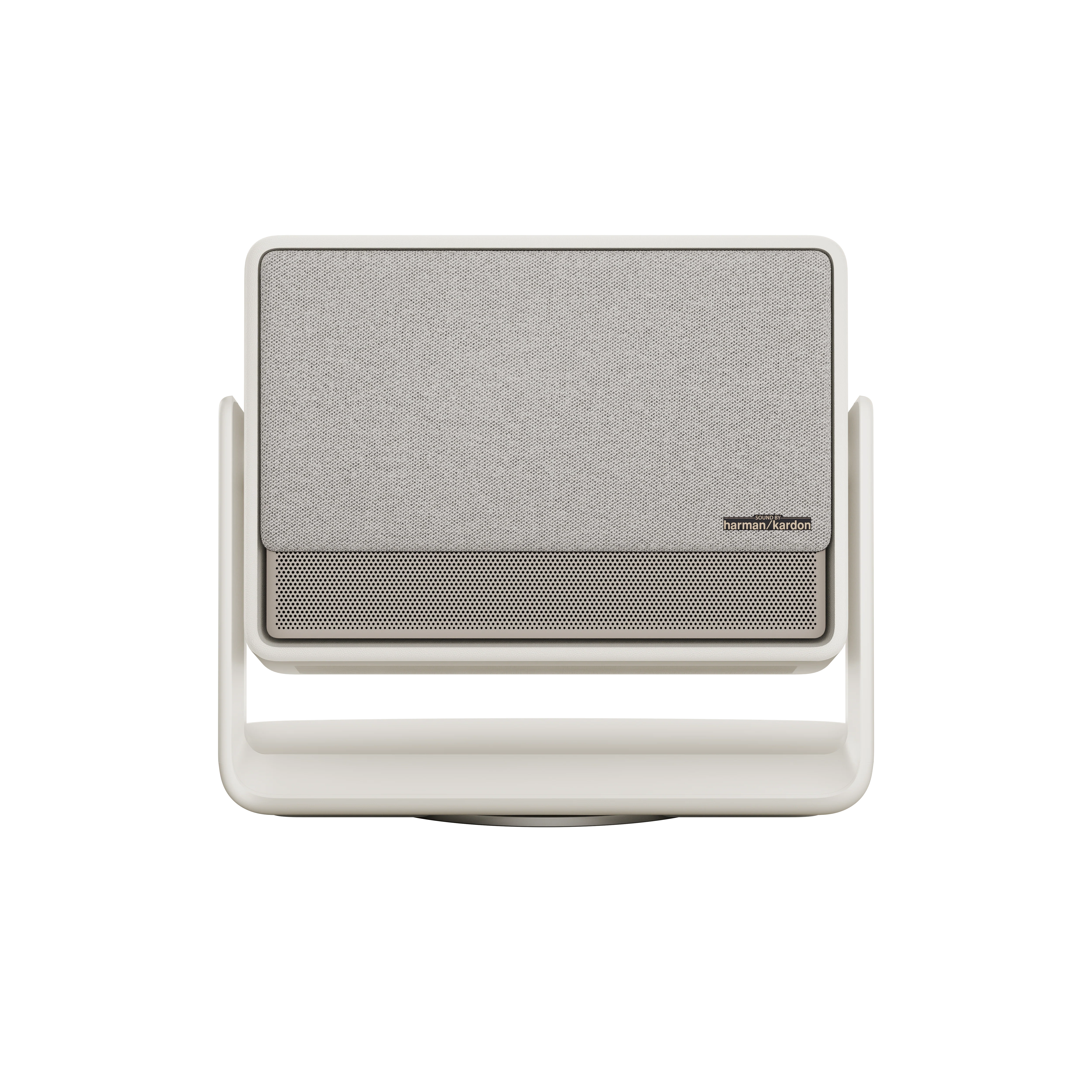 XGIMI HORIZON S Pro front view on its built-in cream stand with the grey fabric lens cover and Harman Kardon badge